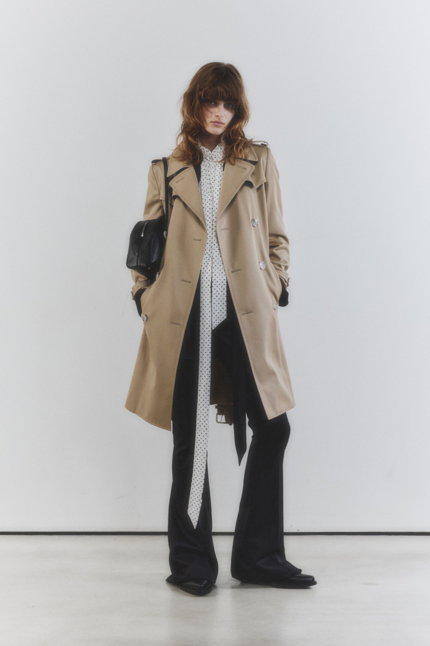 beige cotton long-sleeve collared structured buttoned pockets trench
