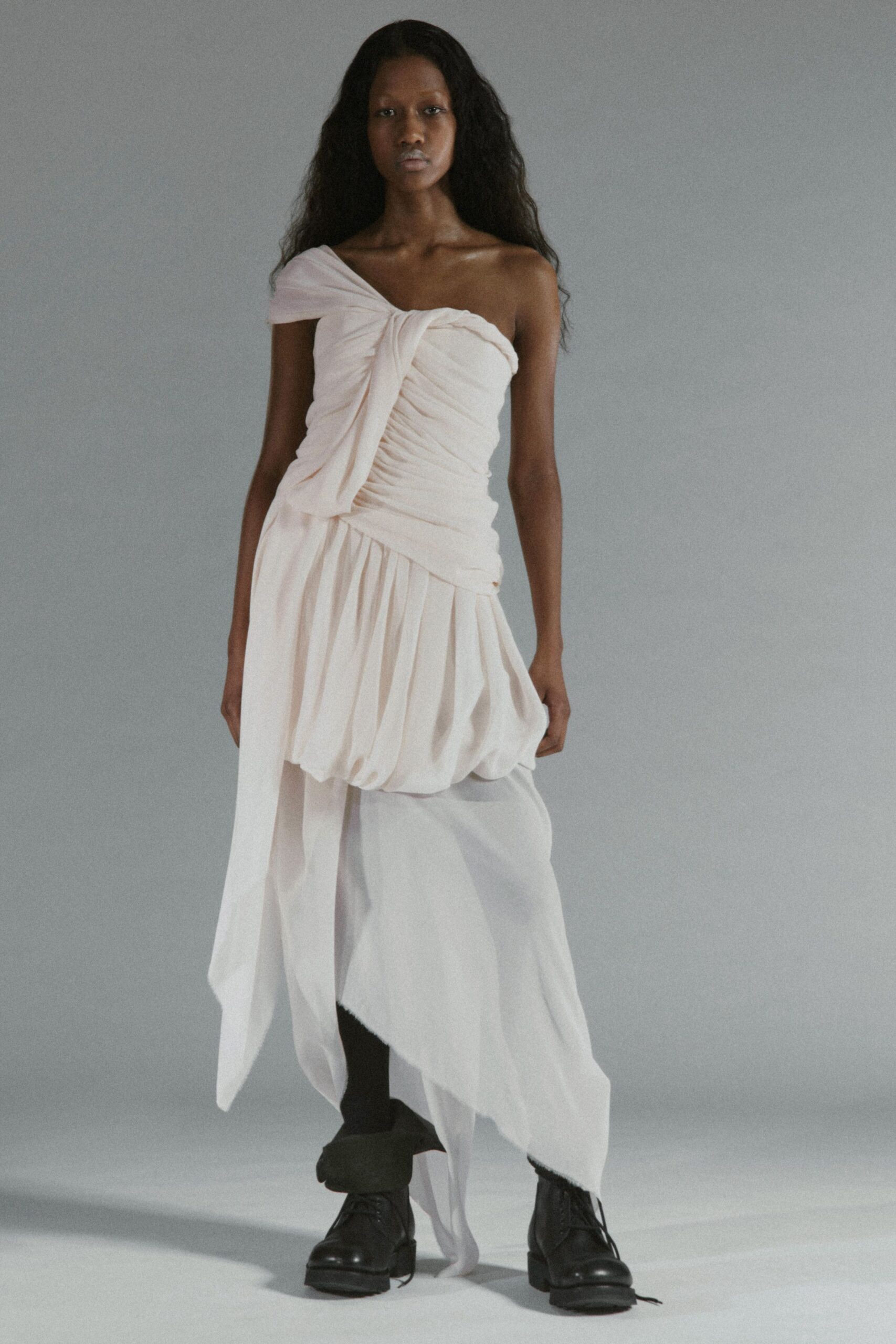 pink silk sleeveless off-shoulder fitted ruched draped dress