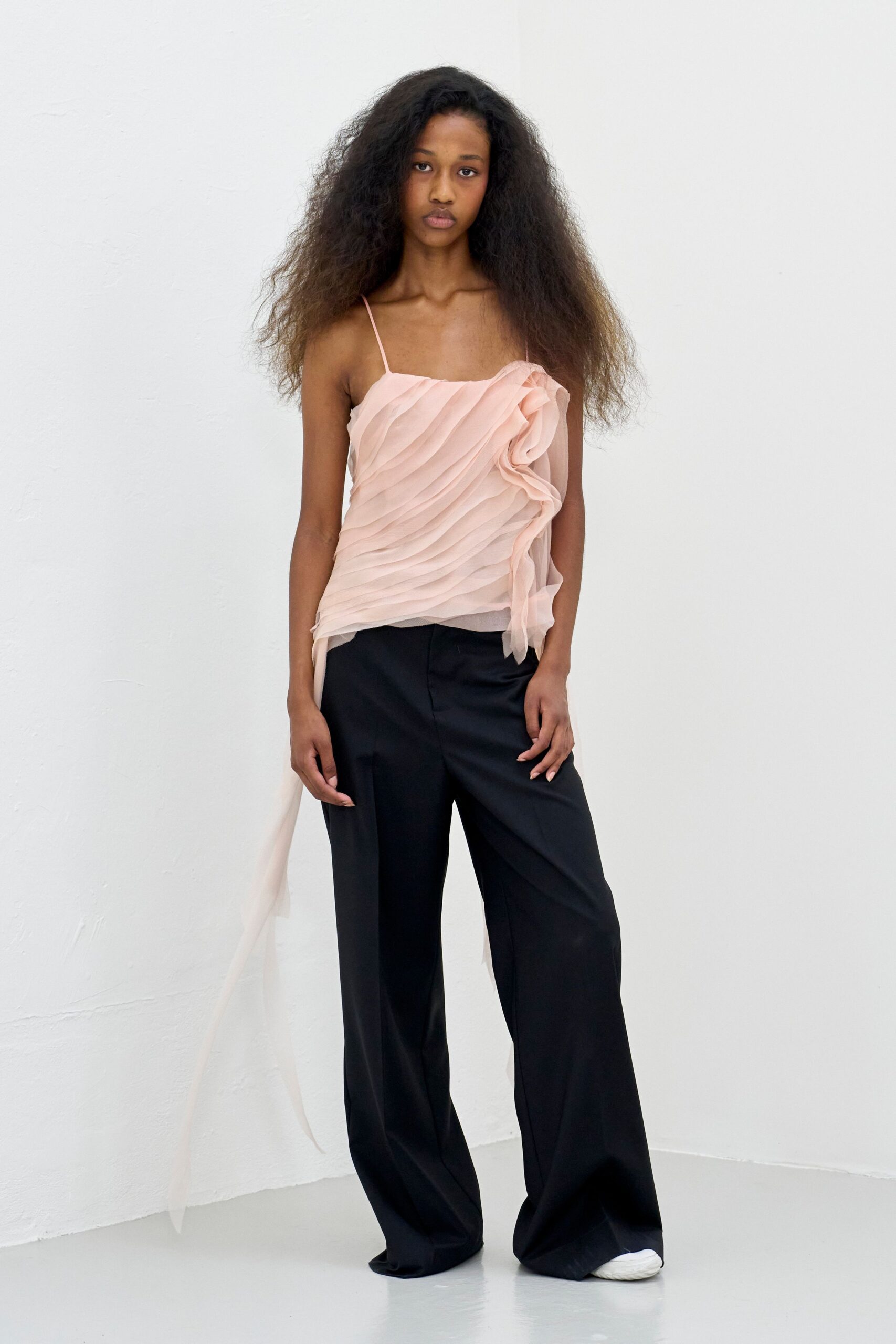 pink chiffon sleeveless square-neck fitted layered draped top