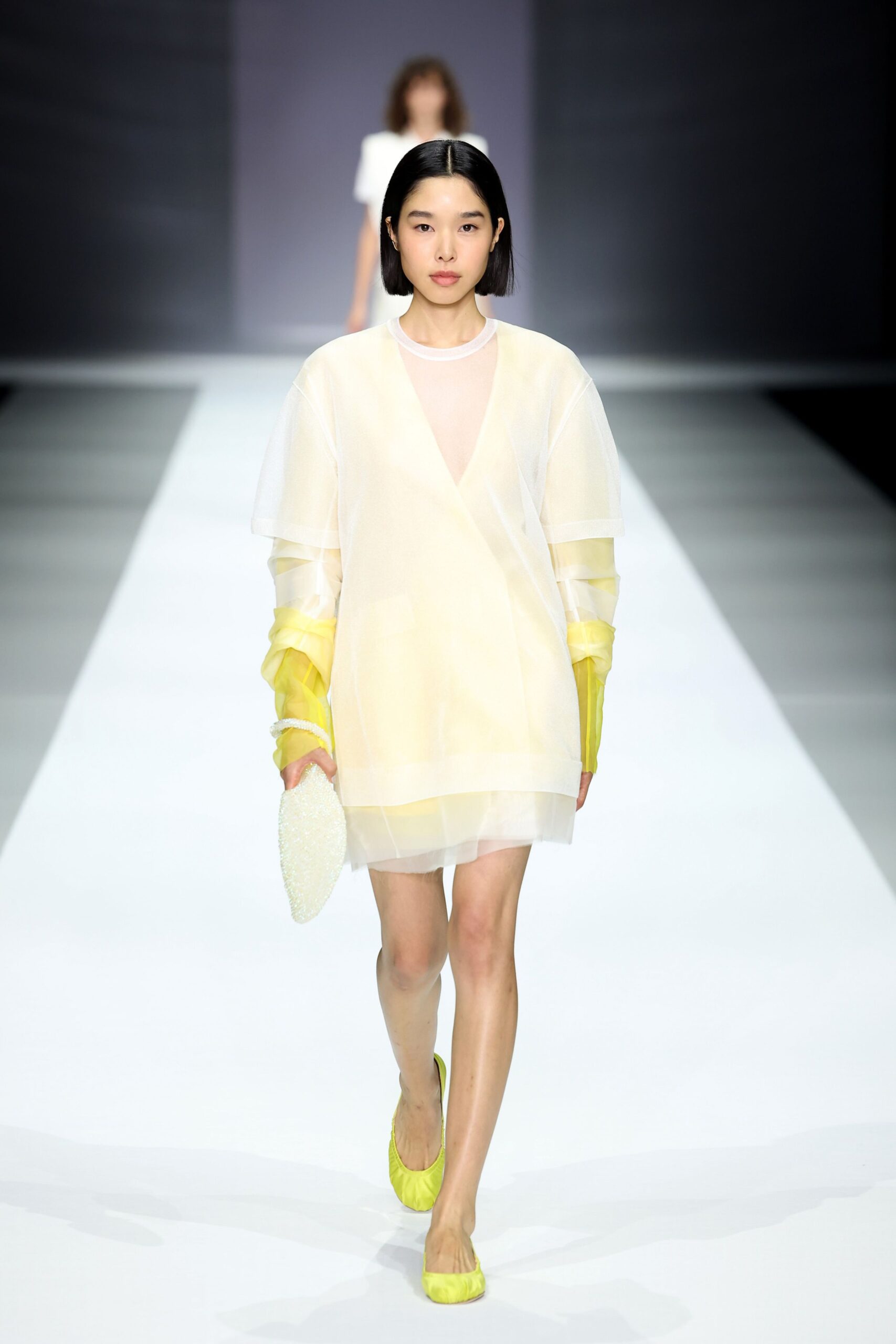 yellow chiffon long-sleeve v-neck relaxed layered sheer dress