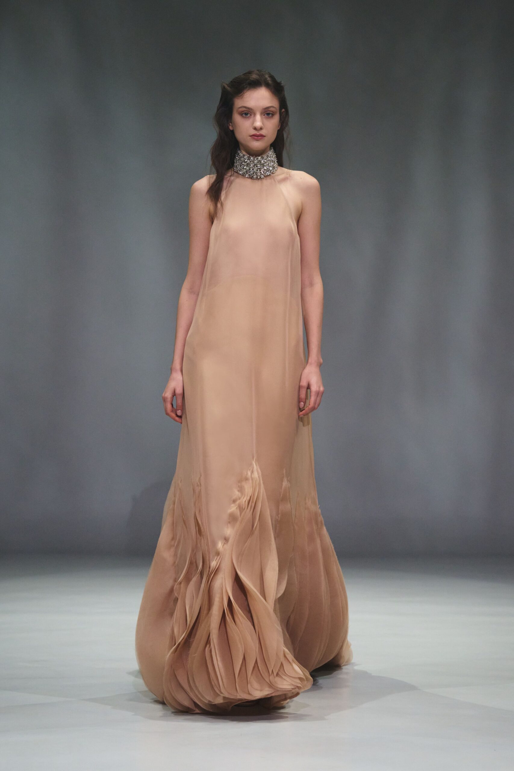 beige silk sleeveless gown