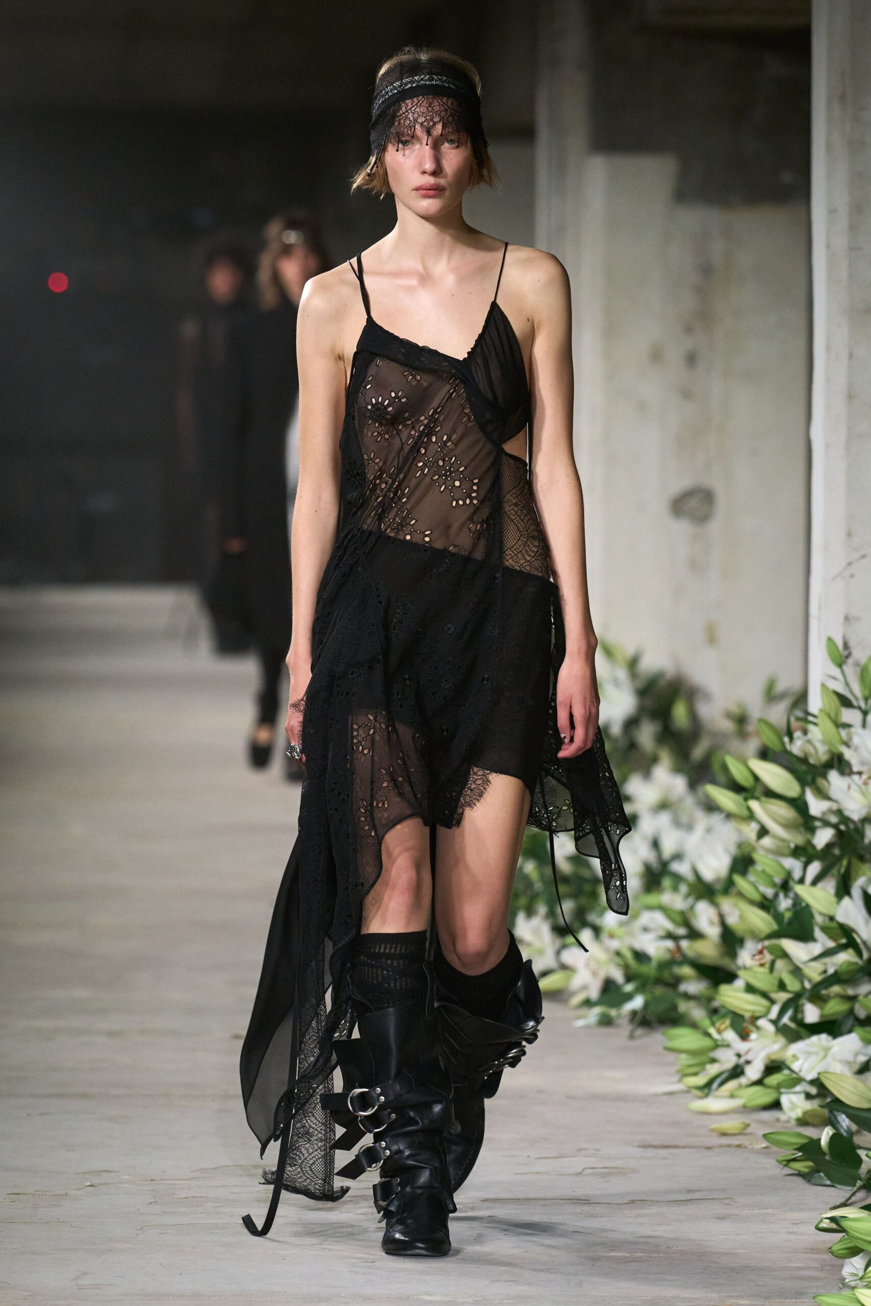 black sheer midi dress with boots