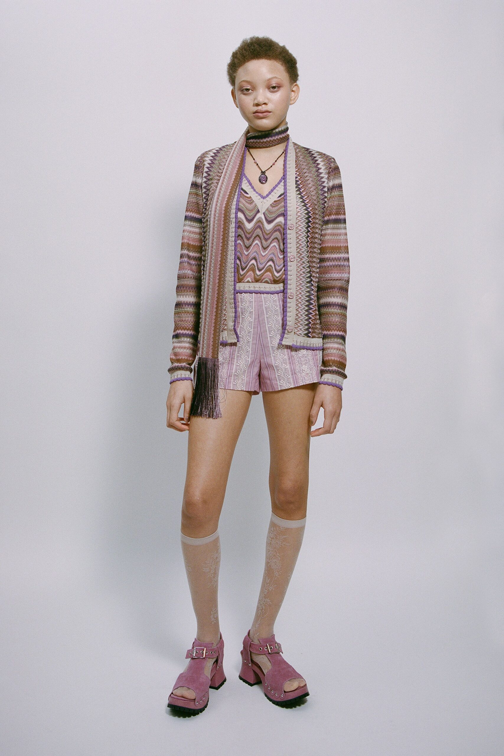 pink lace short-sleeve high-waisted striped embroidered textured shorts