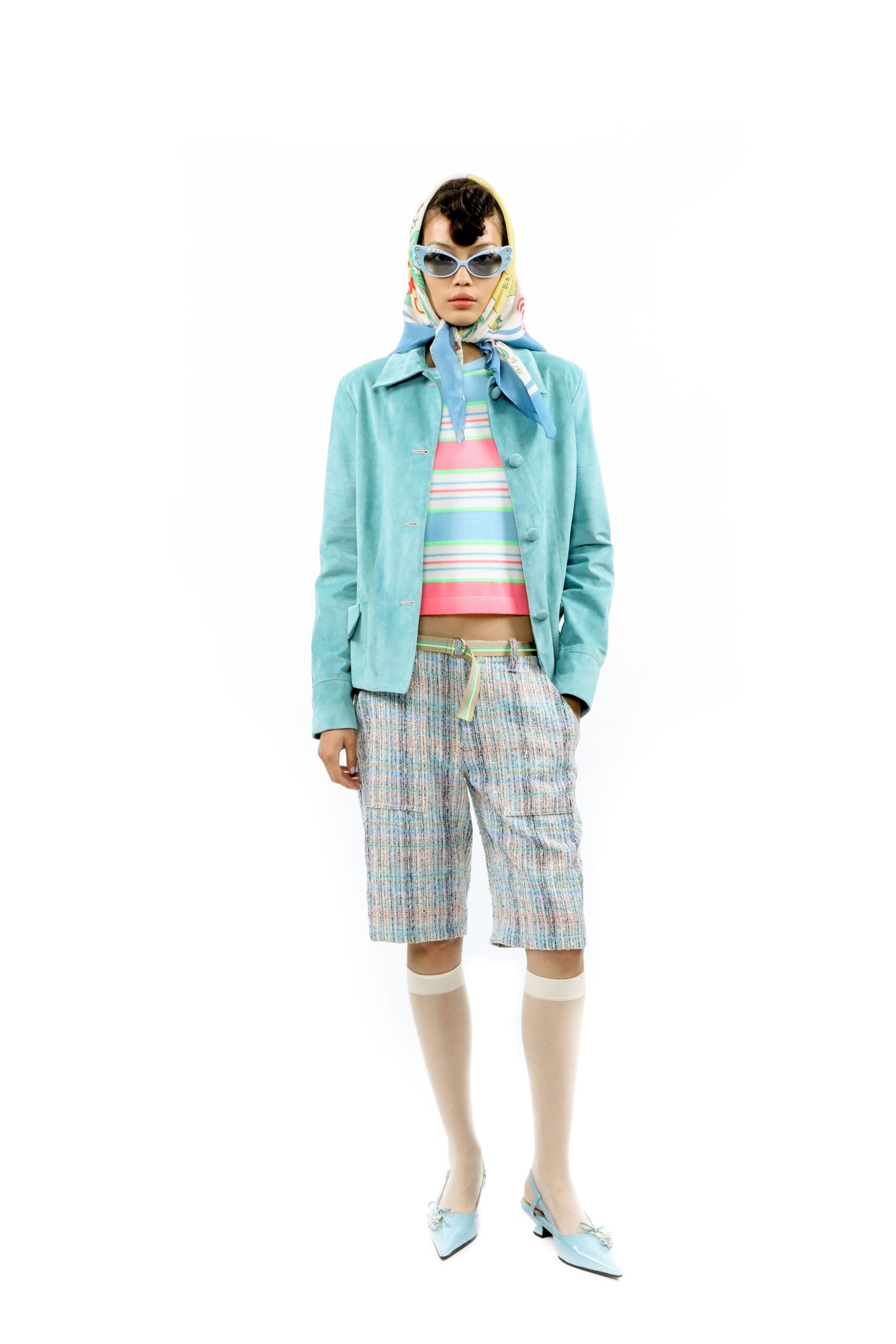 blue suede jacket with striped top