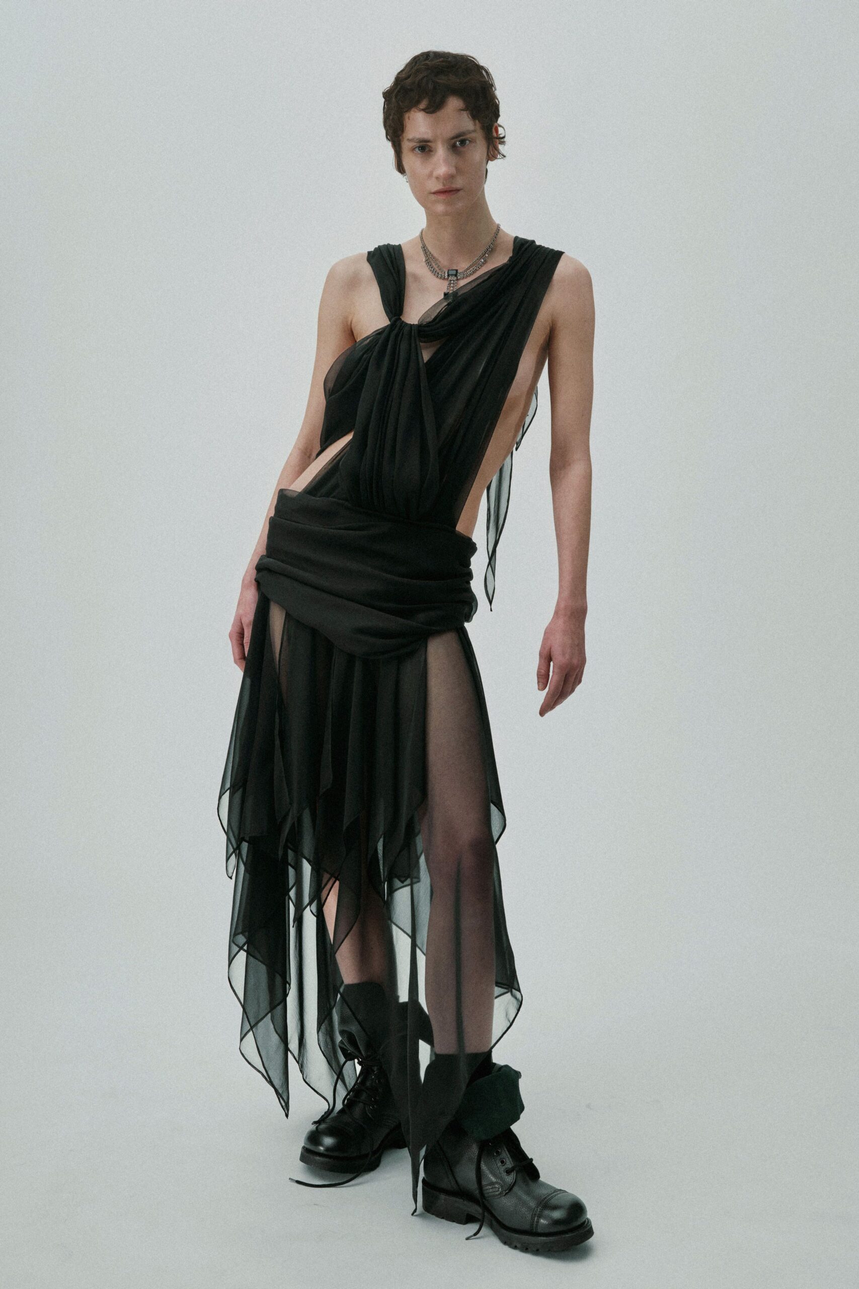 black flowing midi dress with boots