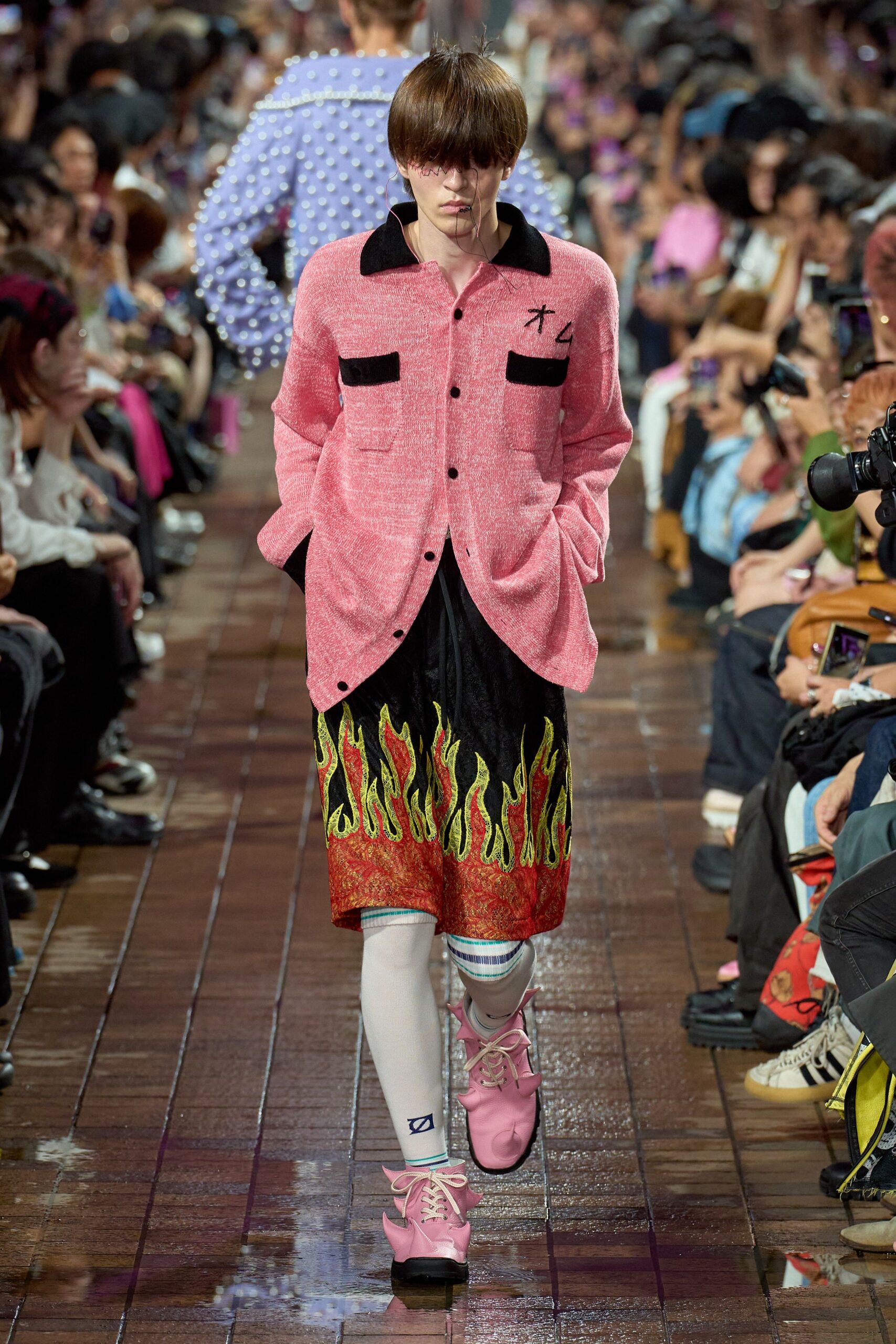 pink shirt black flame skirt