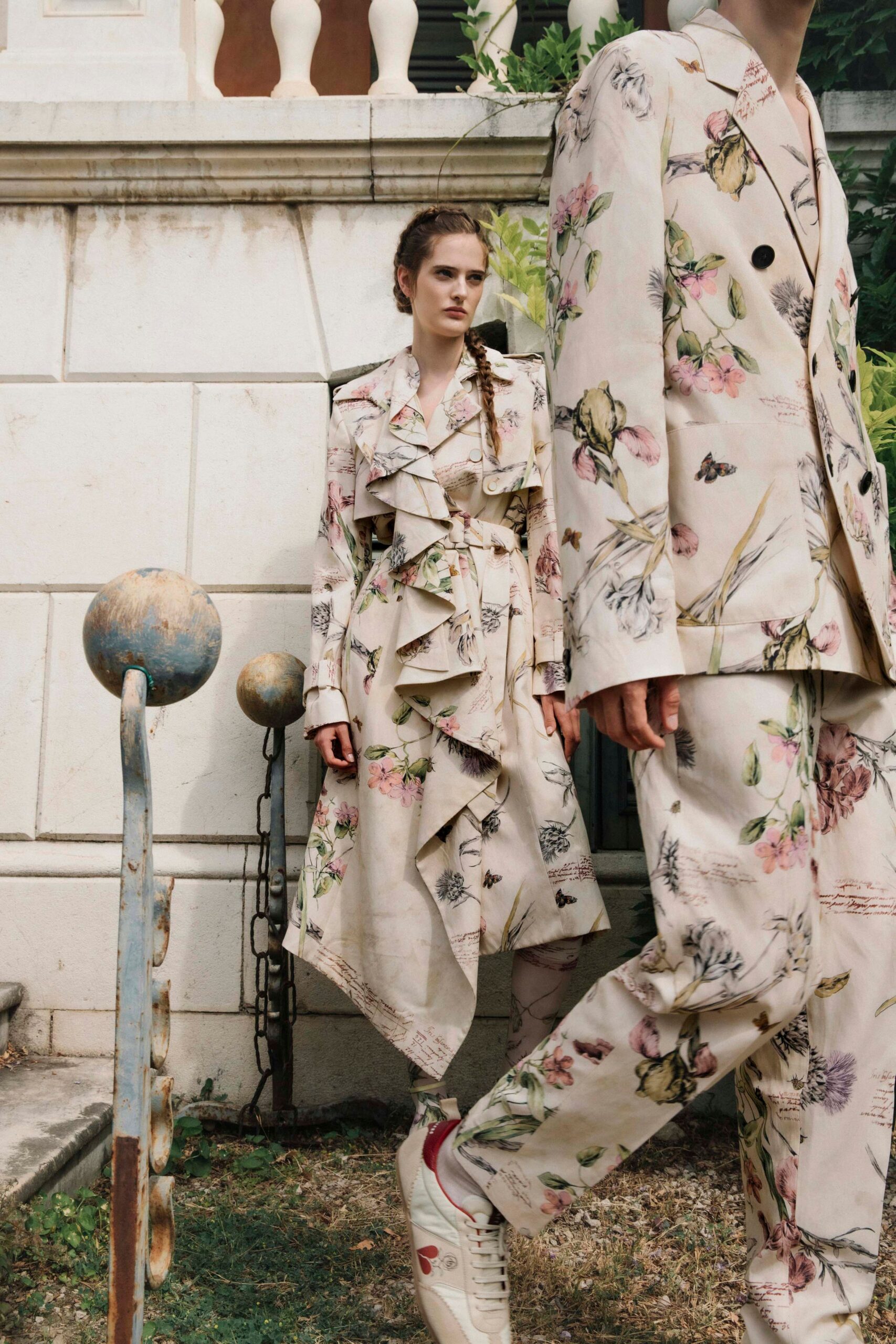 beige cotton long-sleeve collared fitted floral ruffled coat