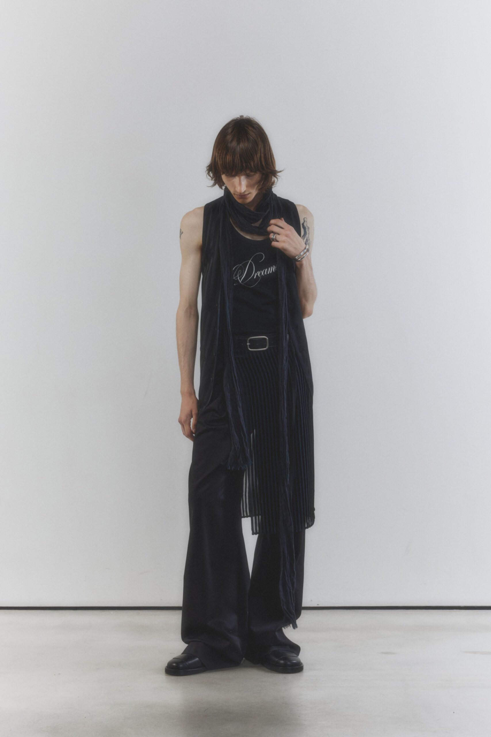 black silk relaxed fringed layered flowing maxi scarf
