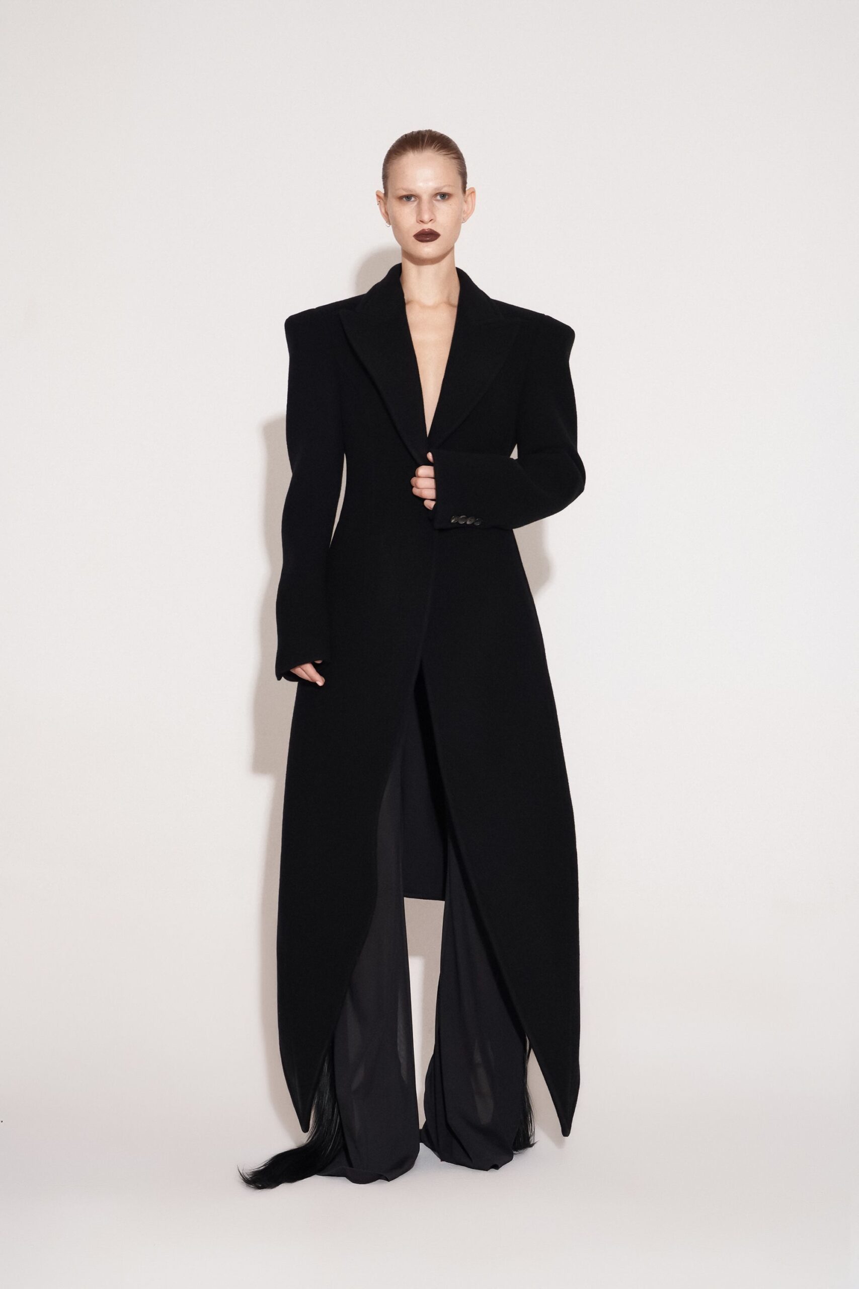 black wool long-sleeve collared fitted buttoned maxi coat