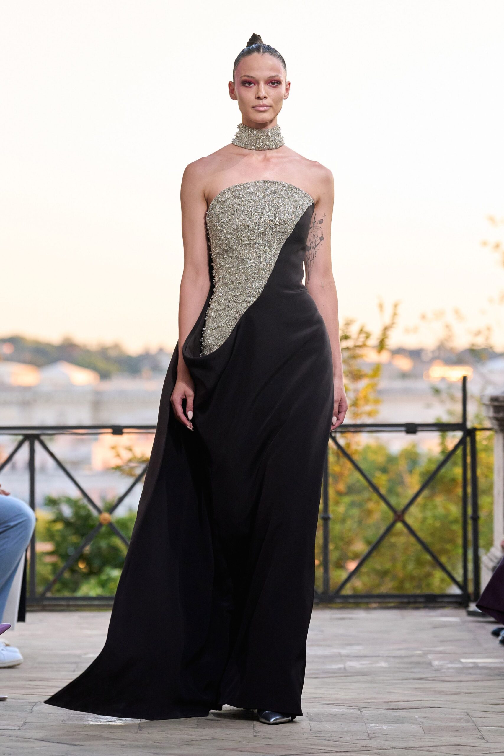 black and gray asymmetric gown