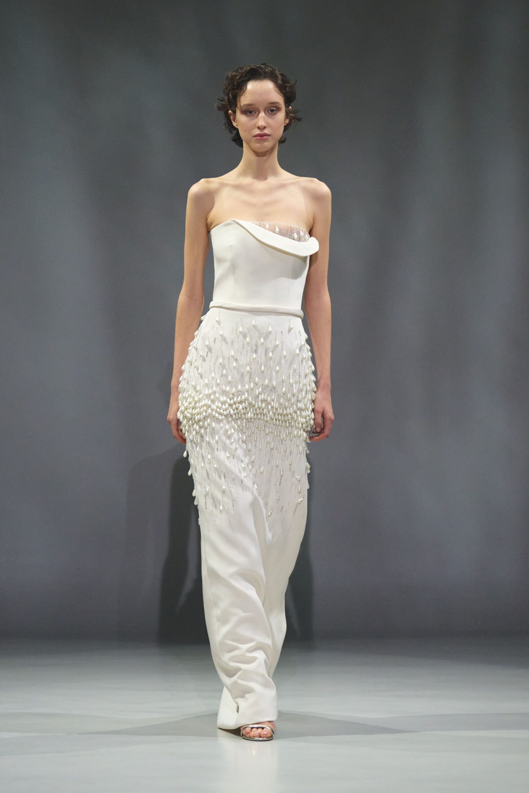 white strapless beaded gown