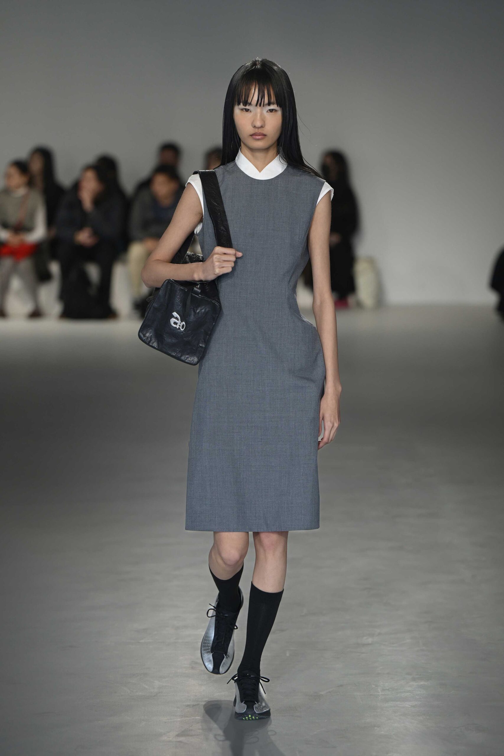 gray cotton sleeveless collared fitted pencil midi dress