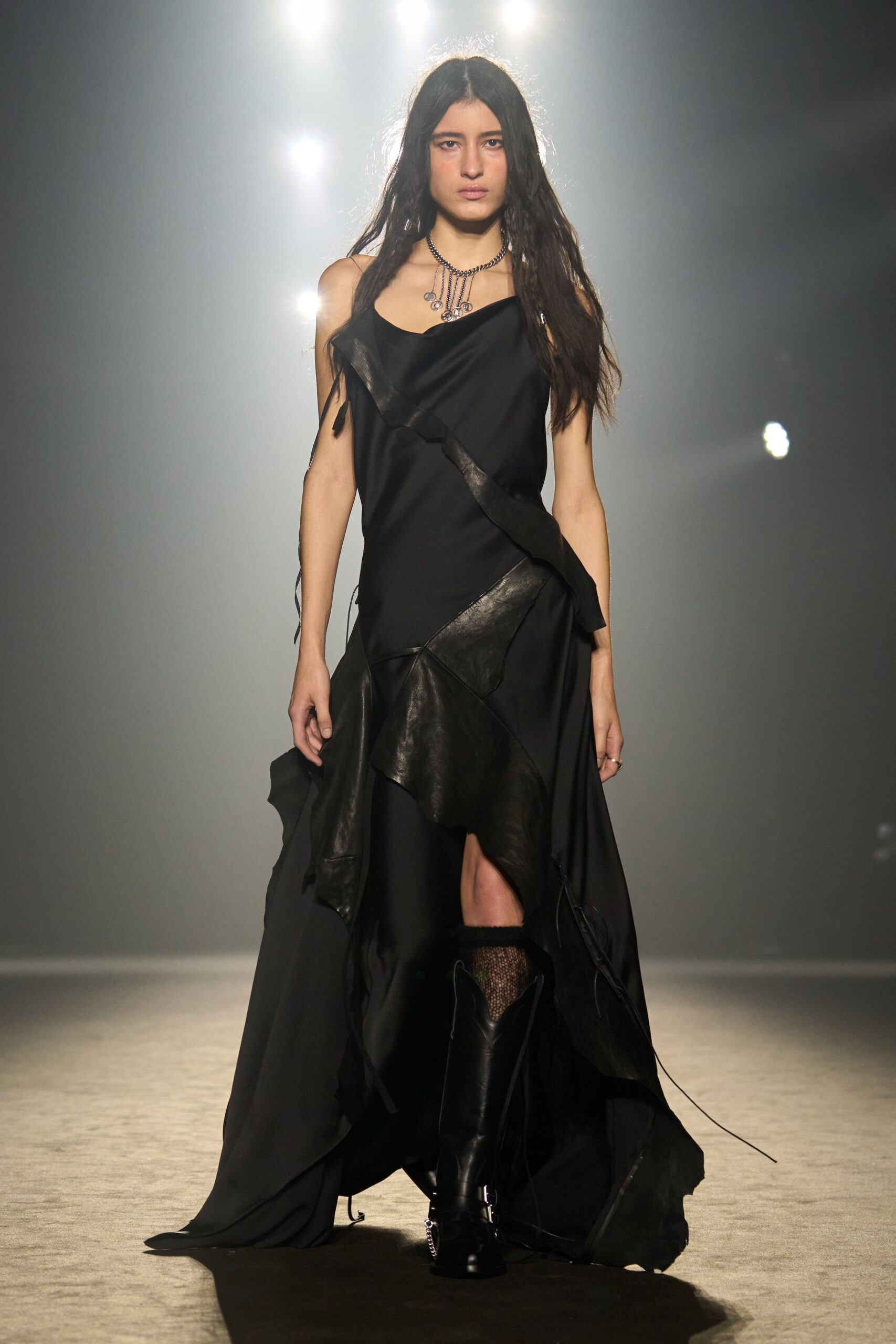 black draped maxi dress with boots