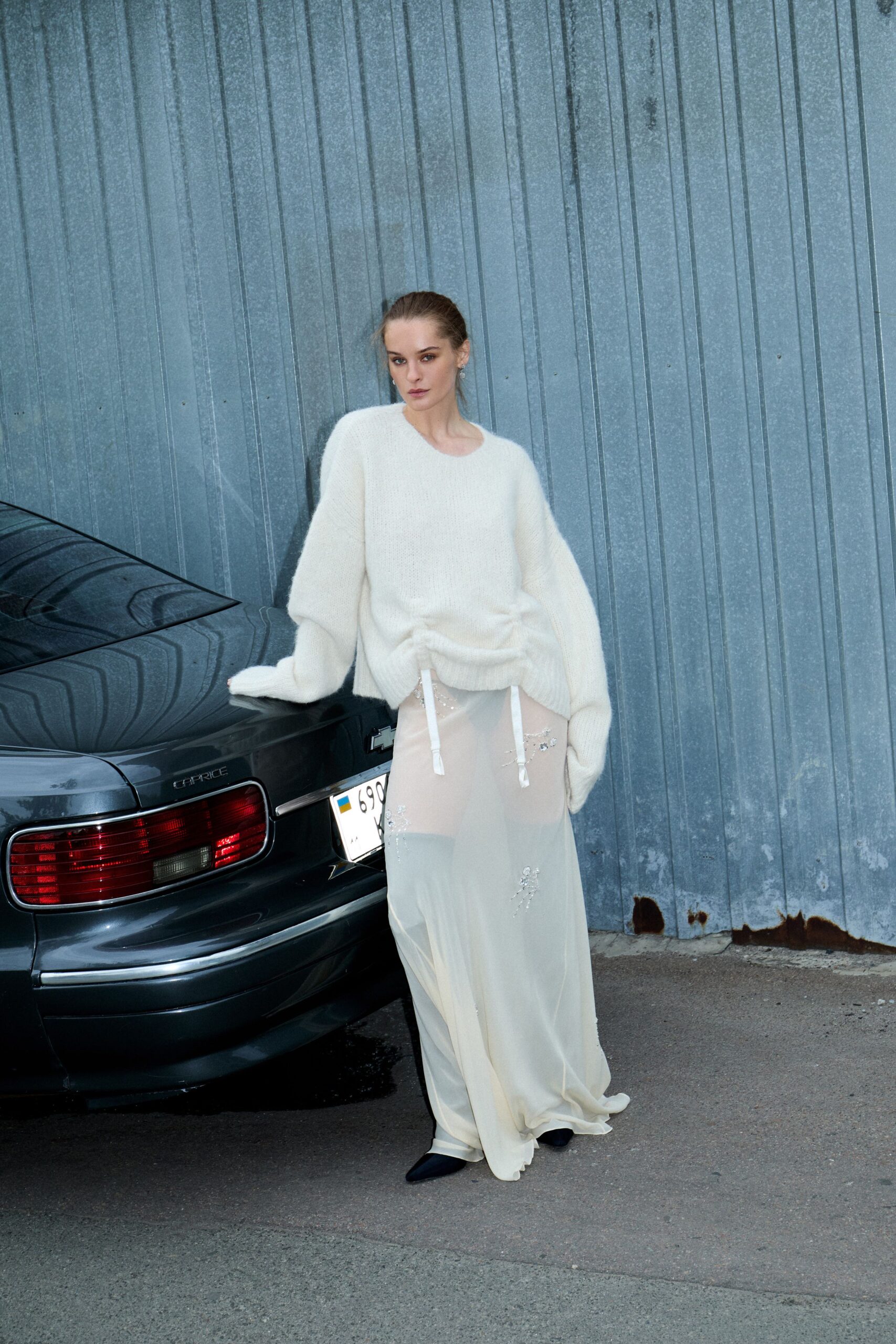 white silk relaxed draped embellished flowing sheer skirt