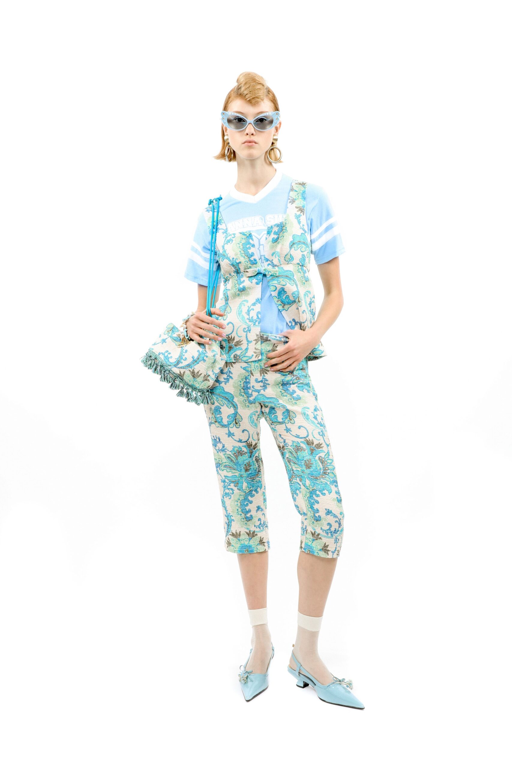 blue printed top and vest