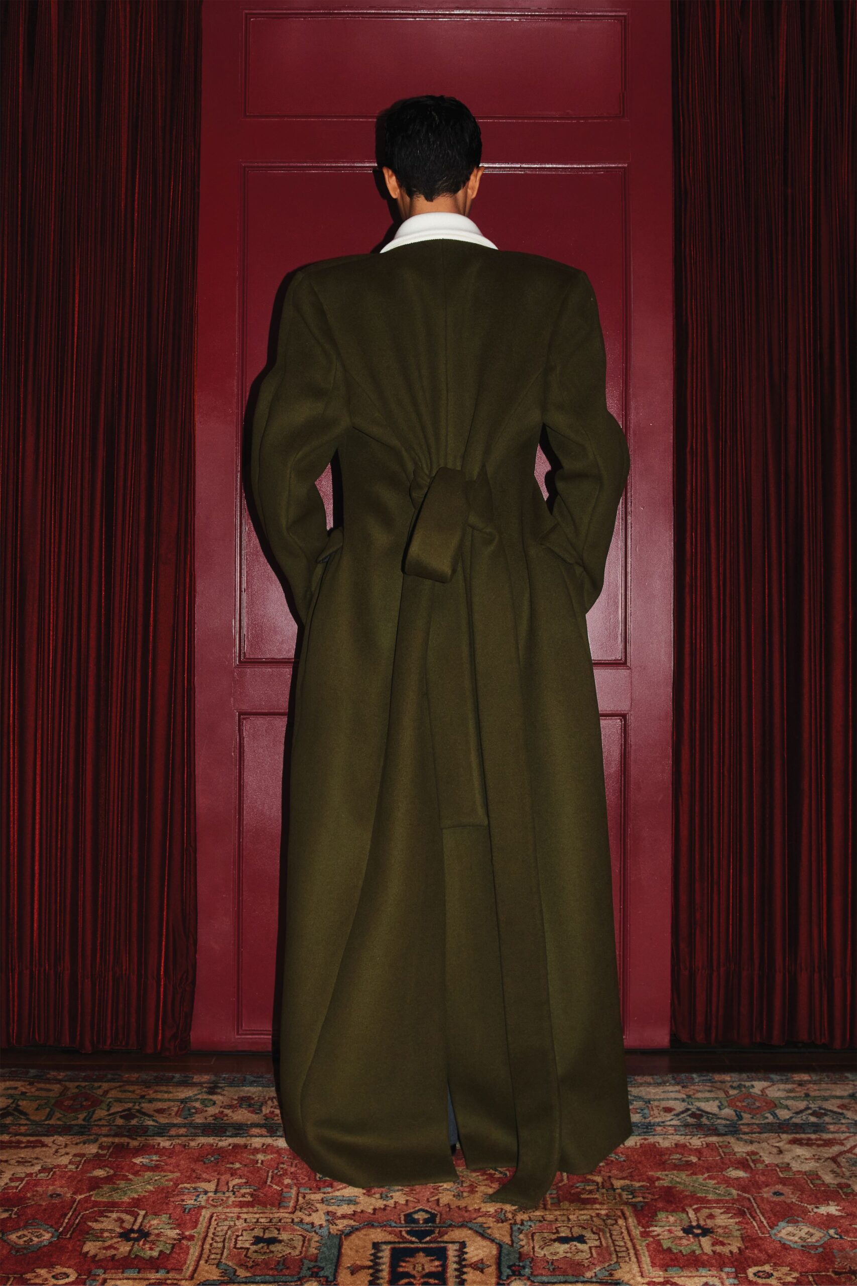 green wool belted coat