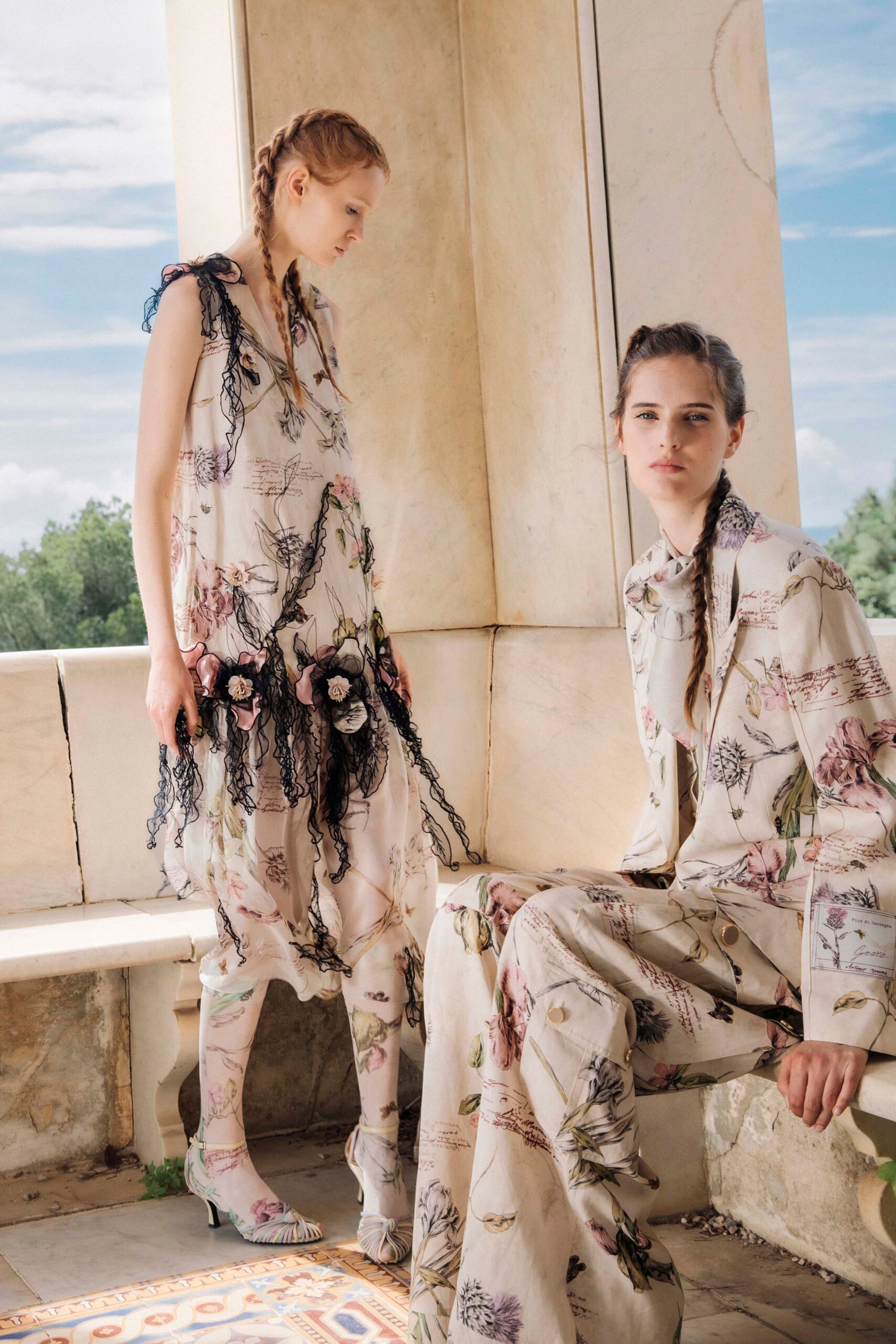 beige floral silk dress and pants