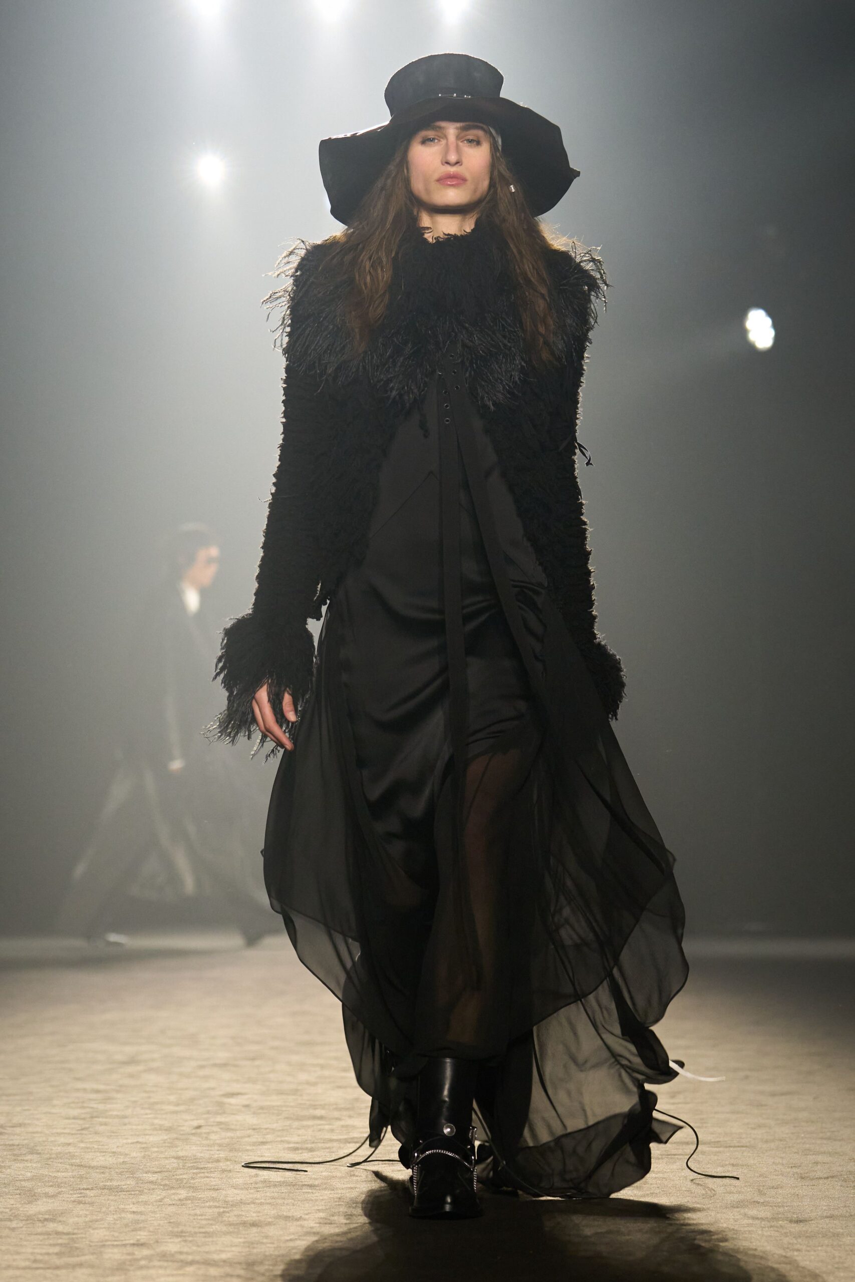 black maxi dress with fur coat