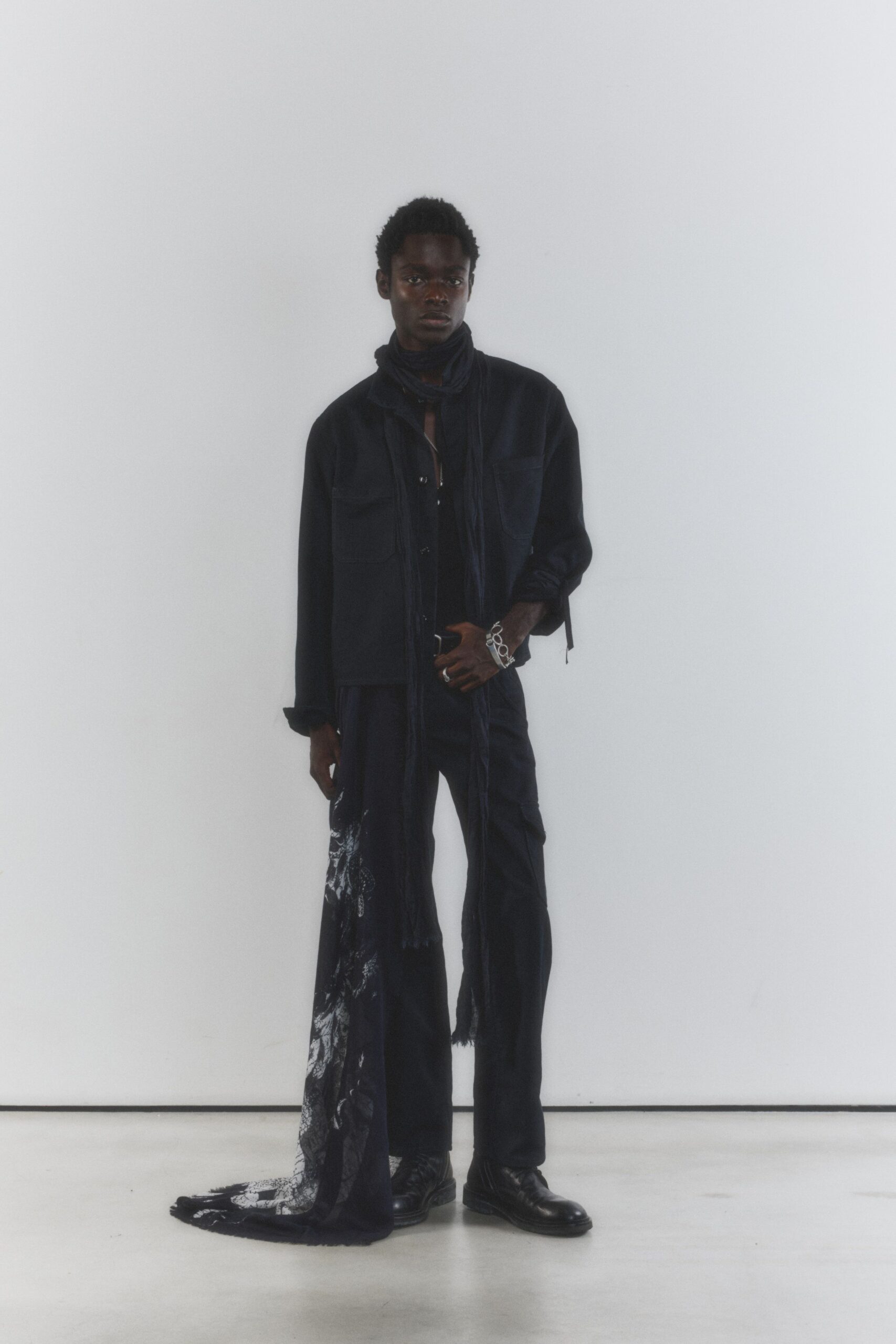 black cotton long-sleeve relaxed straight-leg printed textured pants