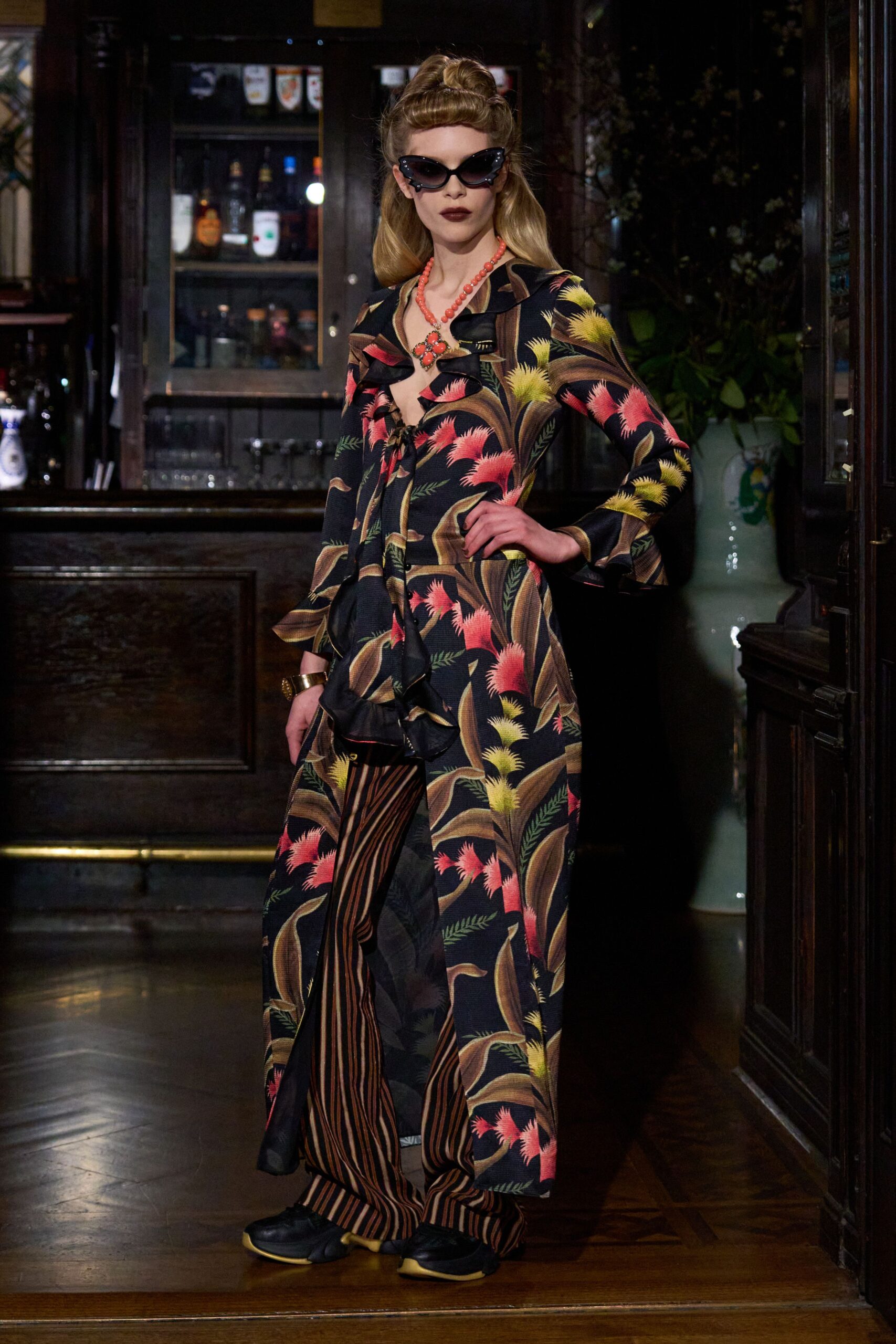 floral maxi dress with striped pants