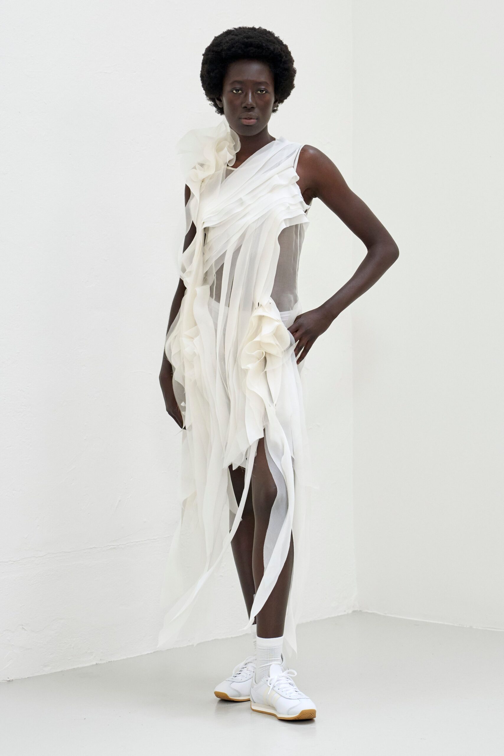 white chiffon sleeveless high-neck fitted layered draped dress