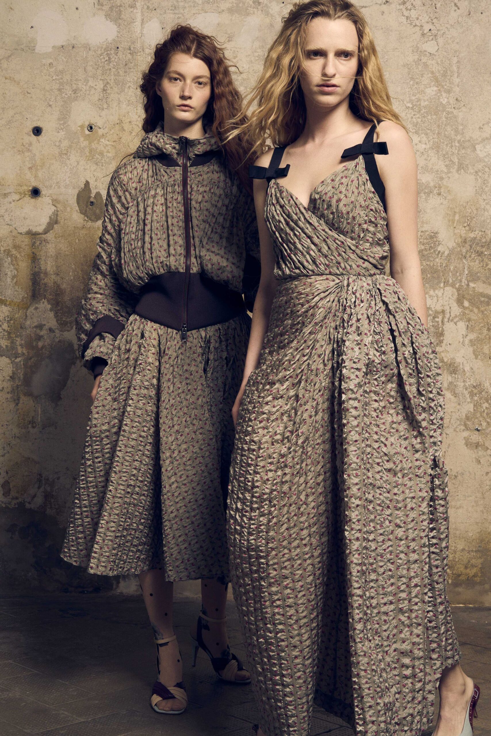 beige silk long-sleeve high-neck relaxed pleated printed dress