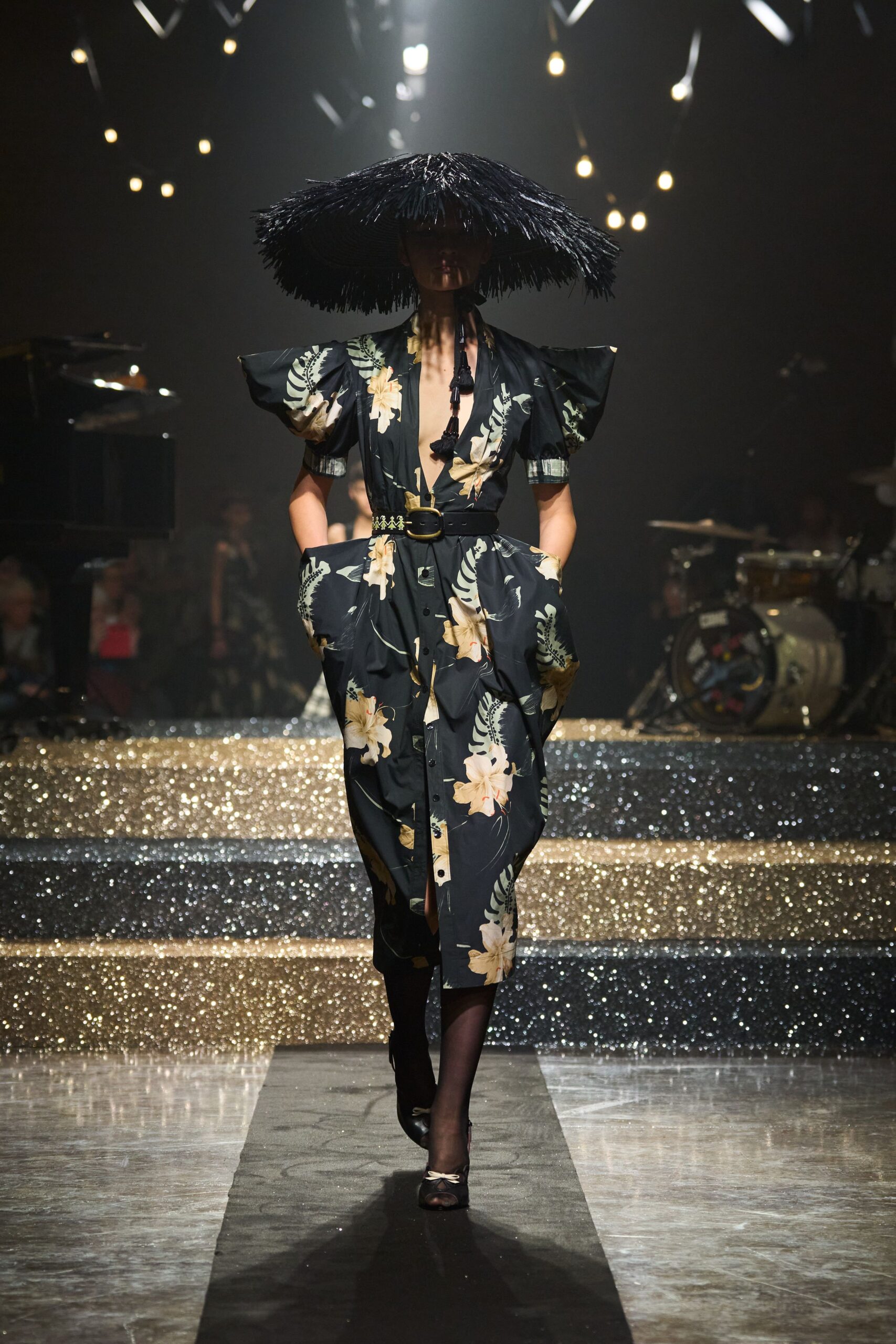 black floral midi dress with hat