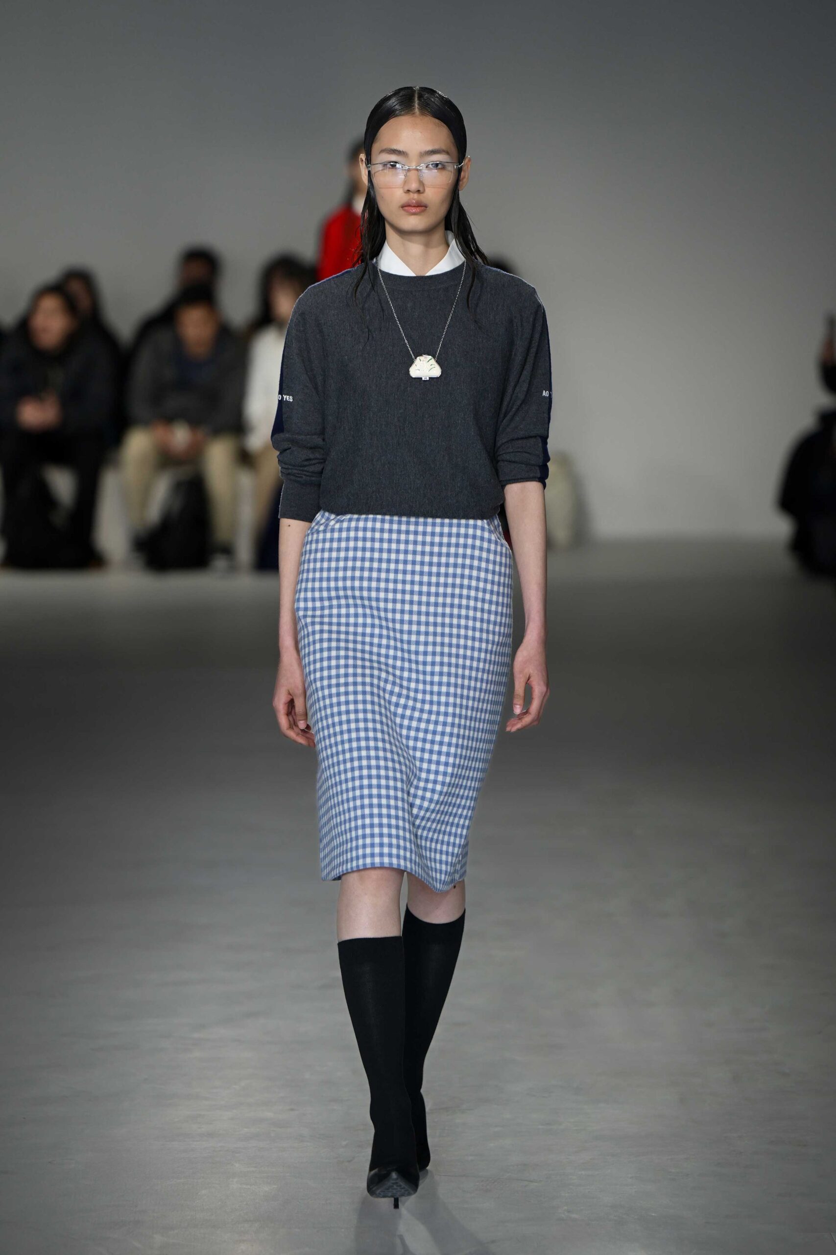blue cotton fitted checked midi skirt