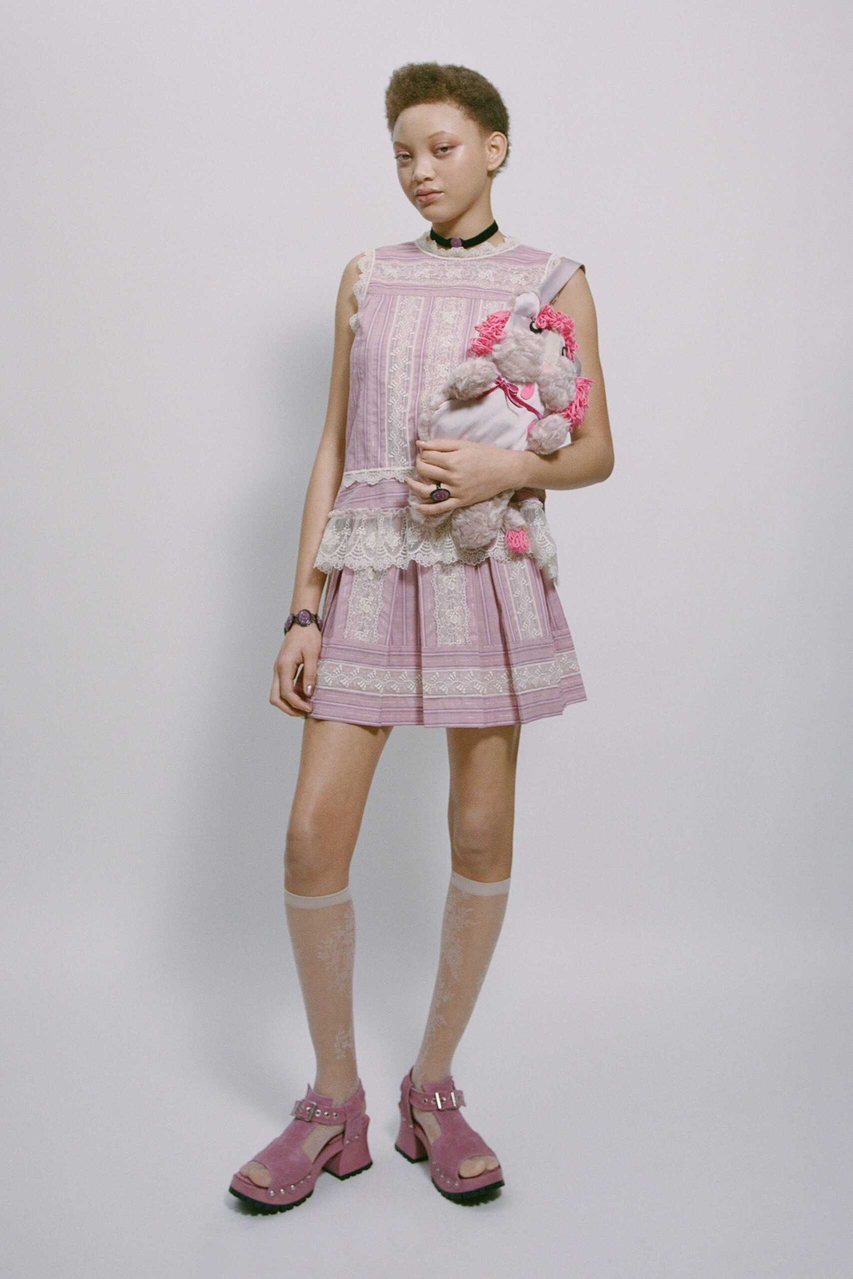 pink lace sleeveless high-neck structured layered embroidered top