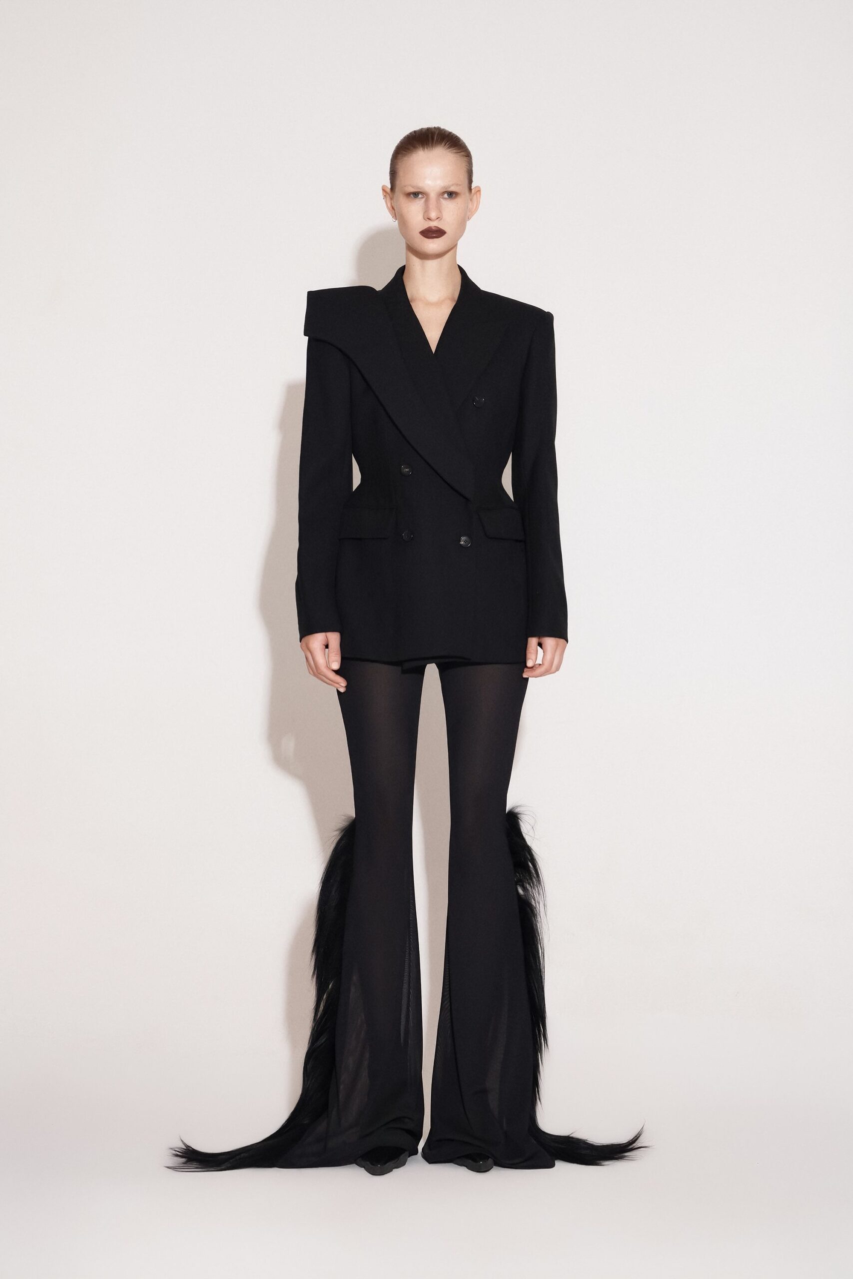 black wool long-sleeve collared tailored structured padded blazer