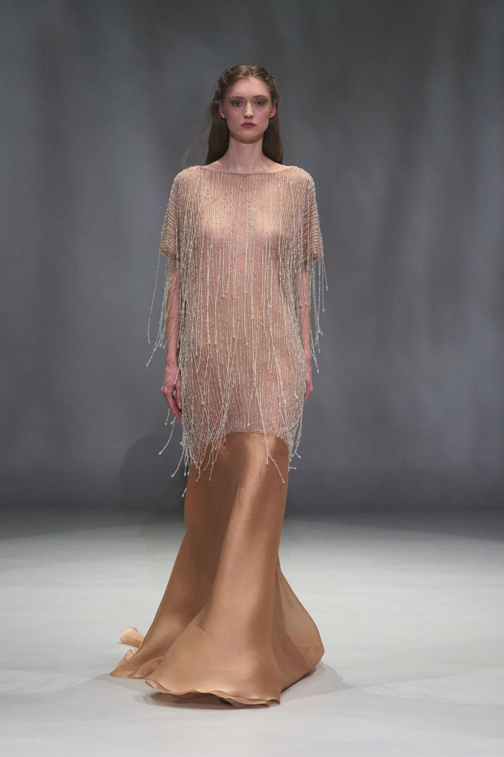 beige silk sleeveless gown
