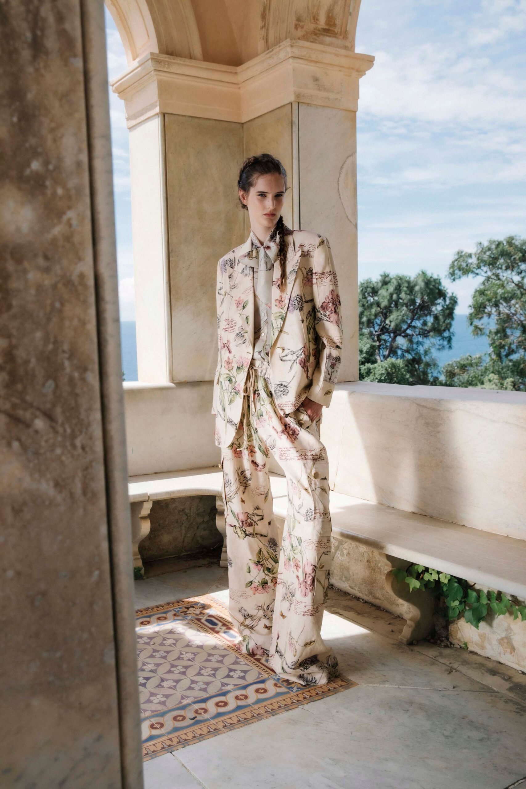 beige floral relaxed suit