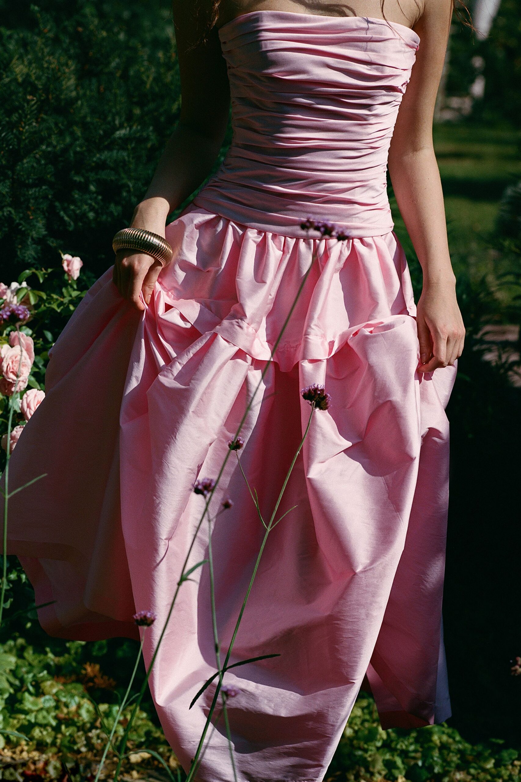 pink strapless ruched gown