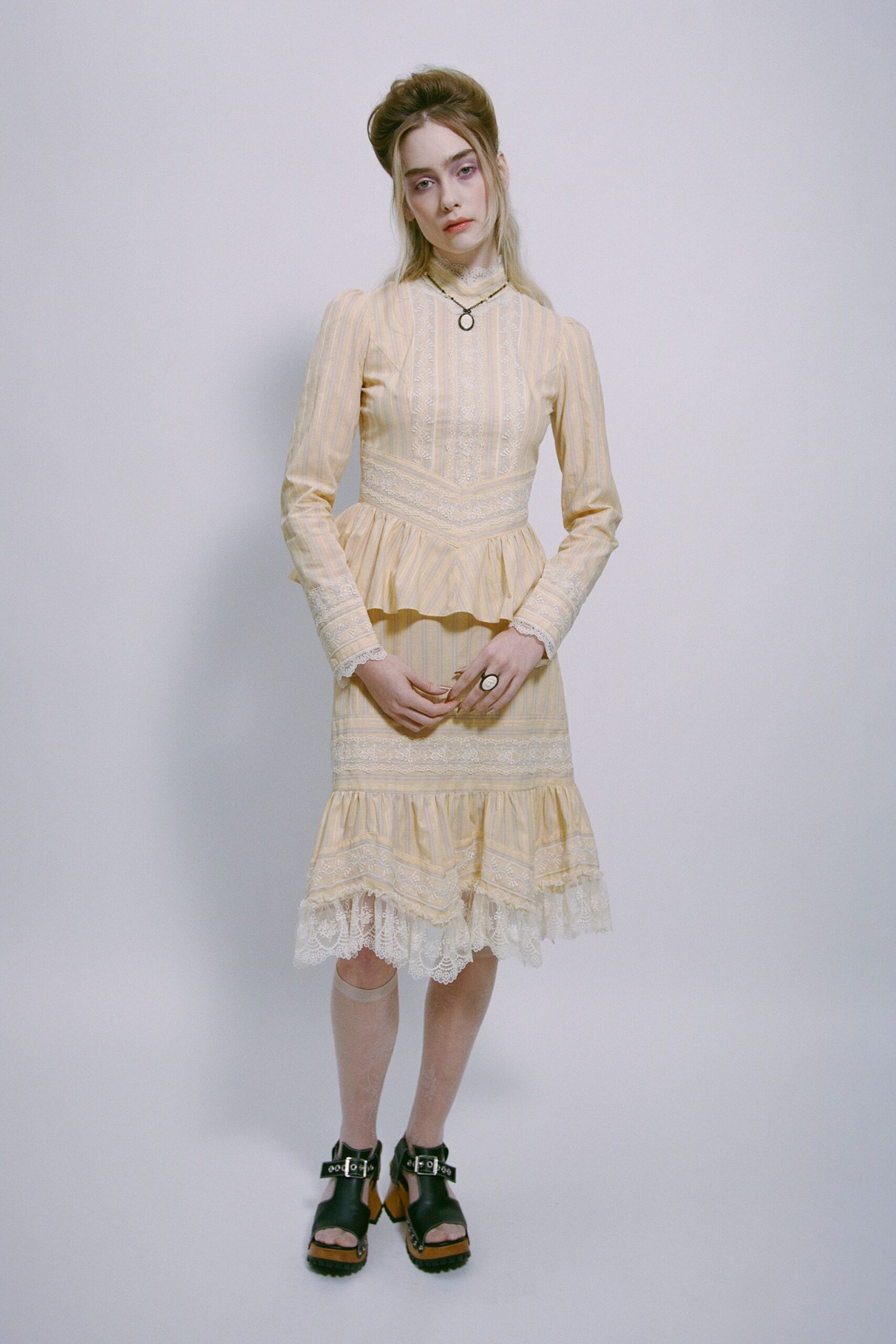 beige cotton long-sleeve high-neck fitted striped embroidered dress
