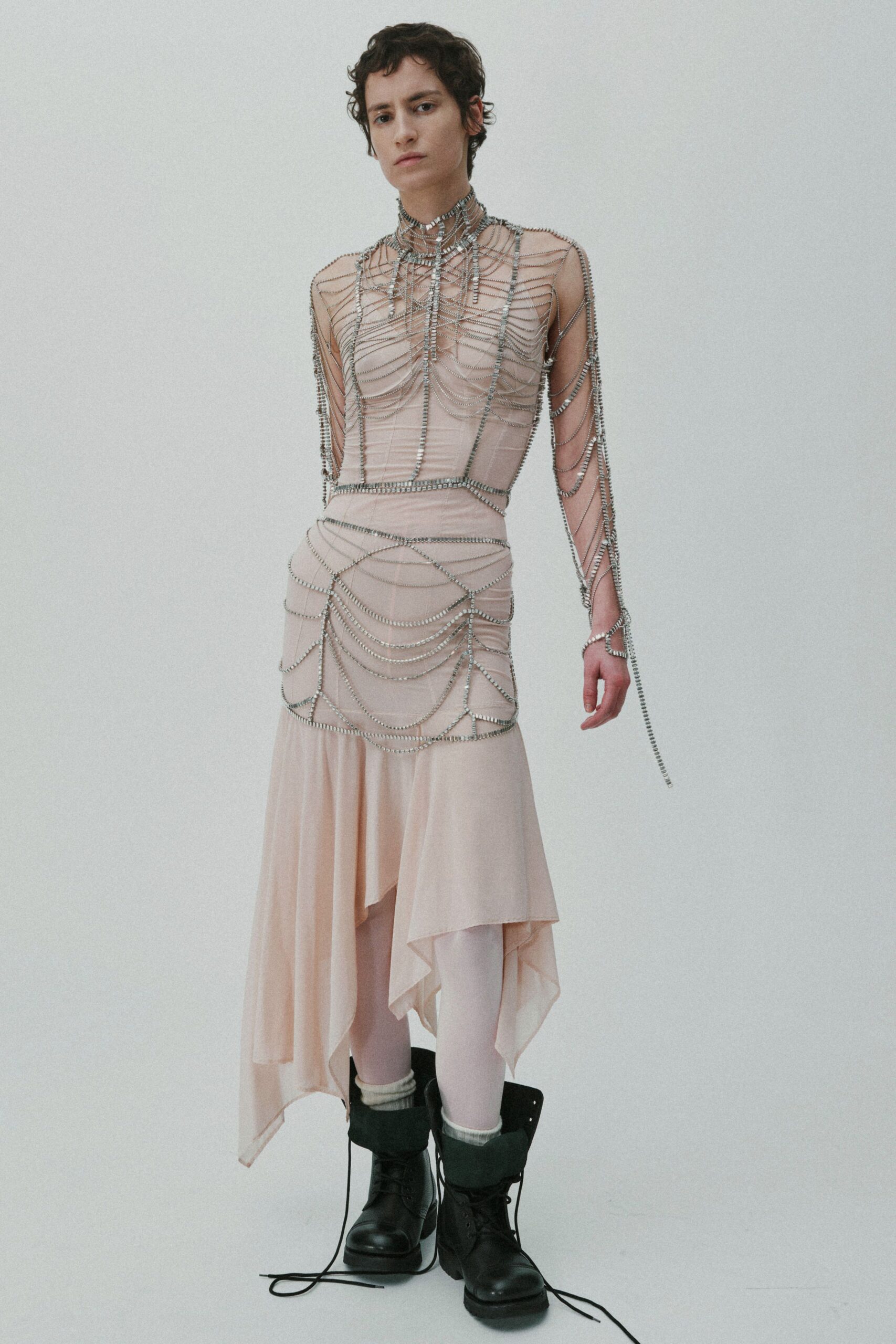 pink silk long-sleeve high-neck fitted draped layered dress
