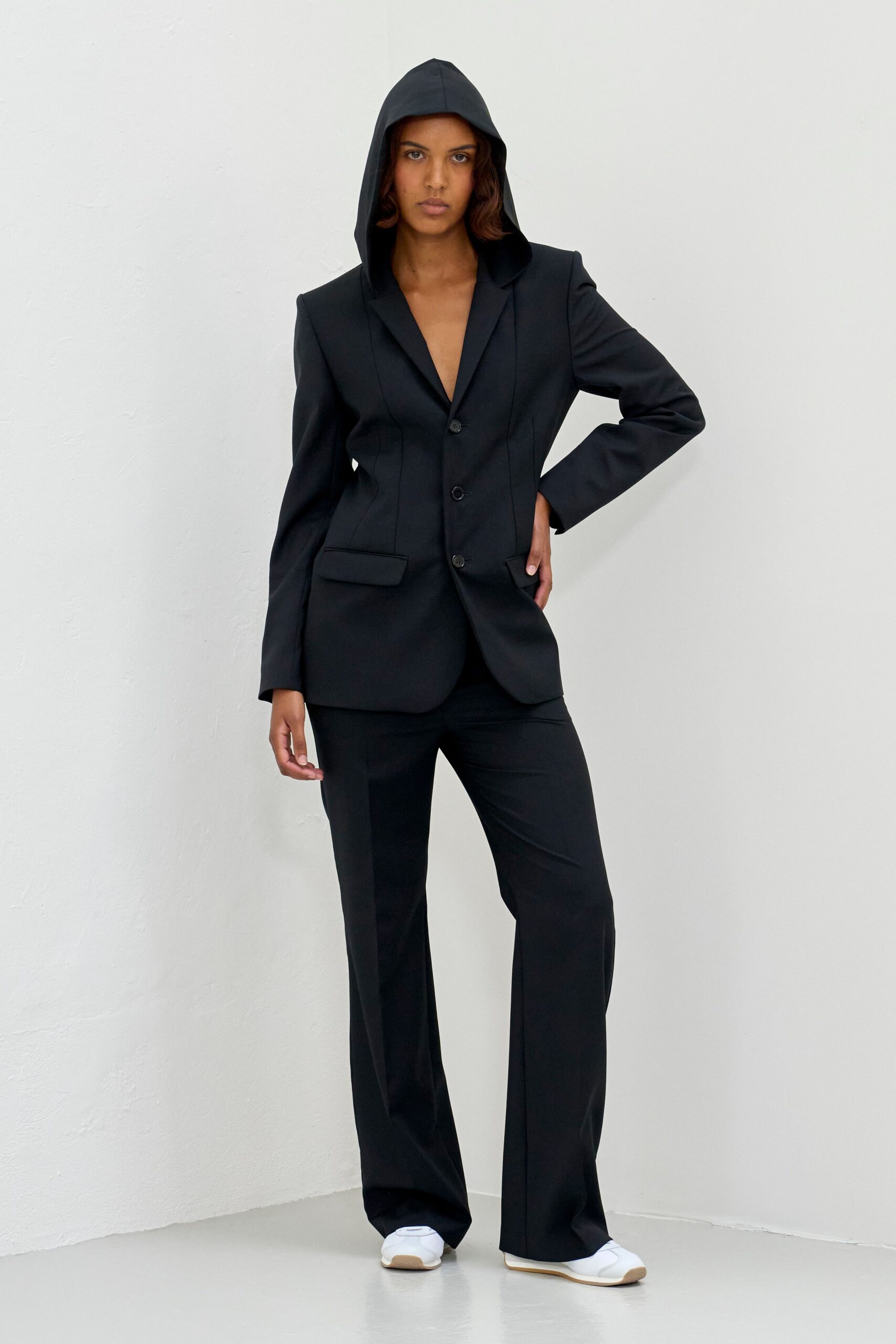 black tailored blazer and pants