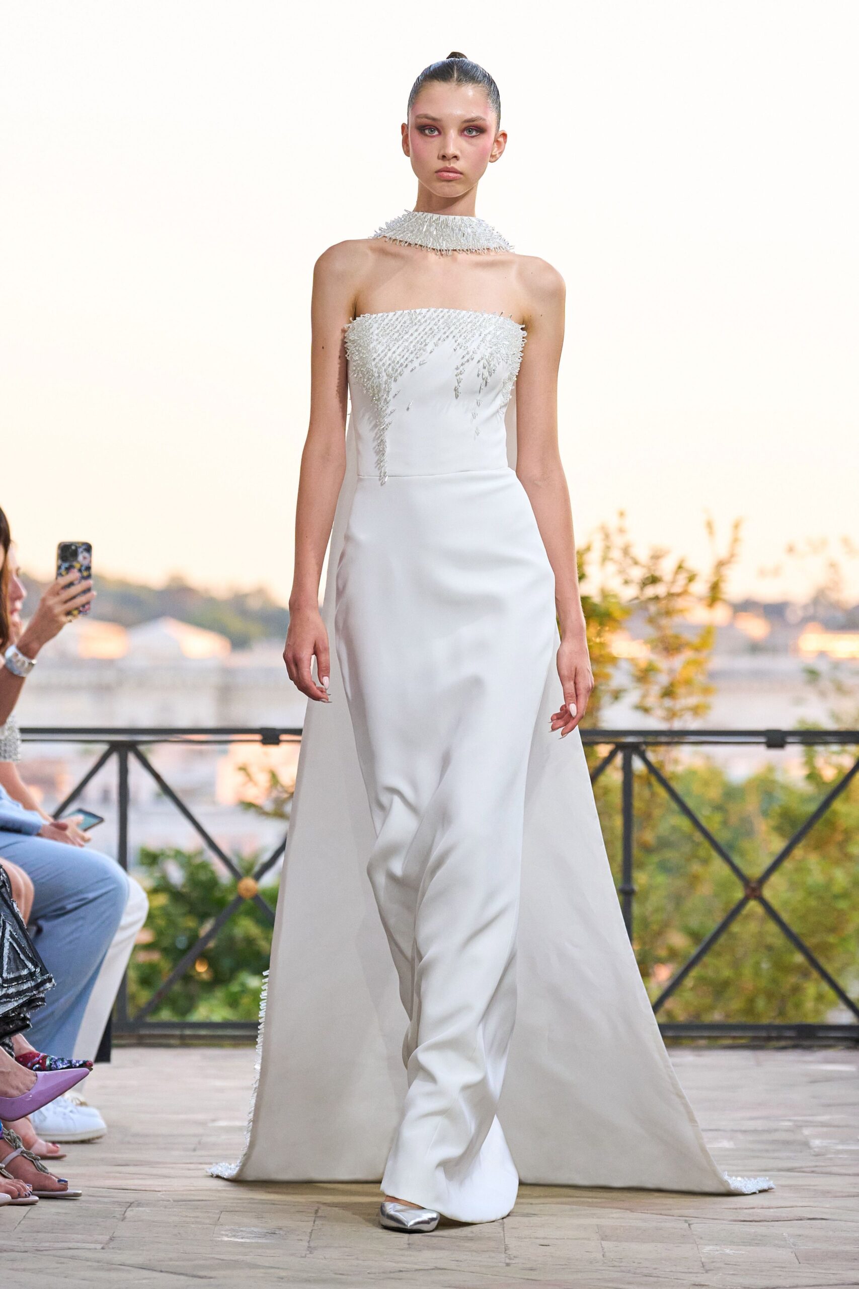 white silk strapless fitted beaded maxi gown