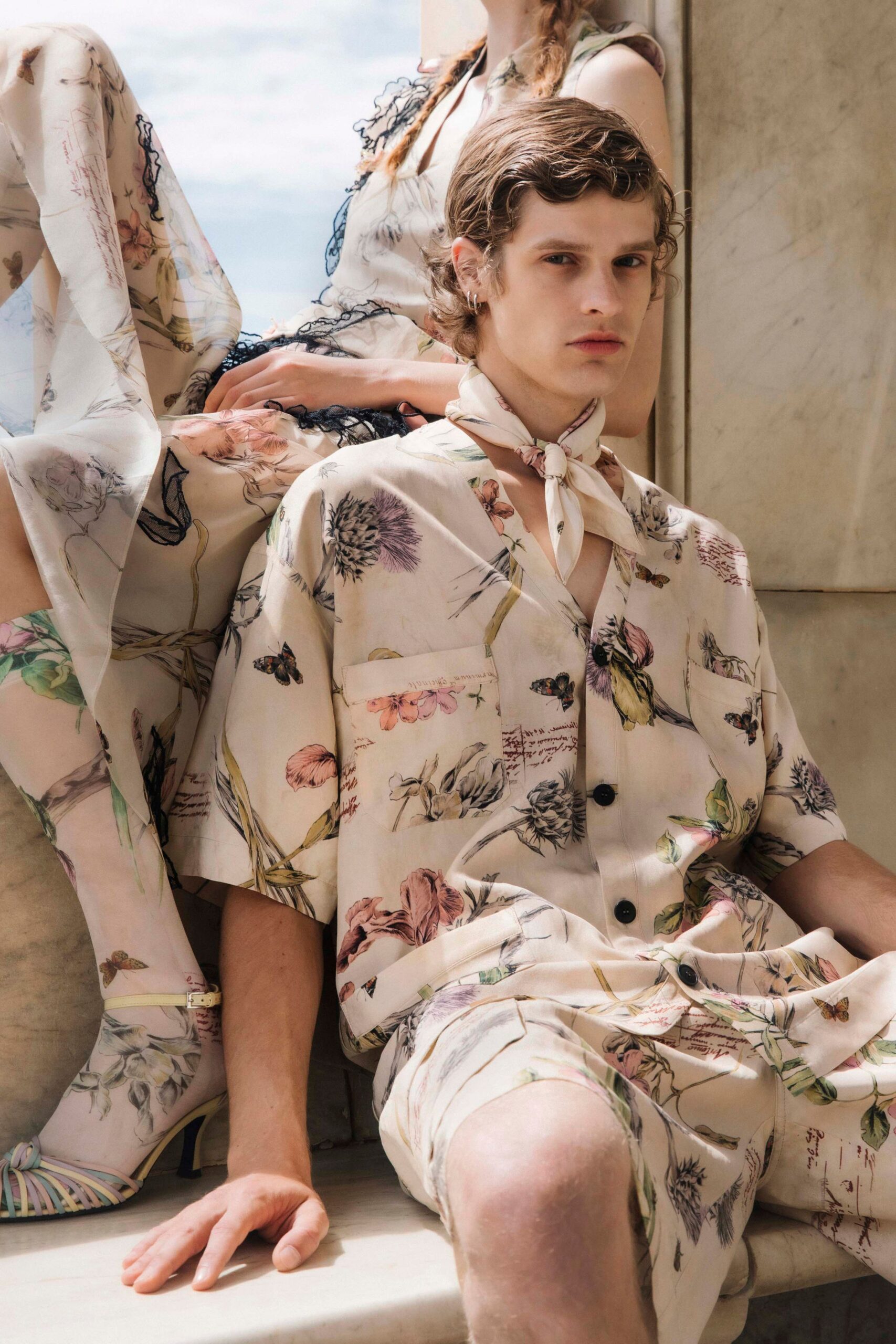 beige printed shirt and shorts