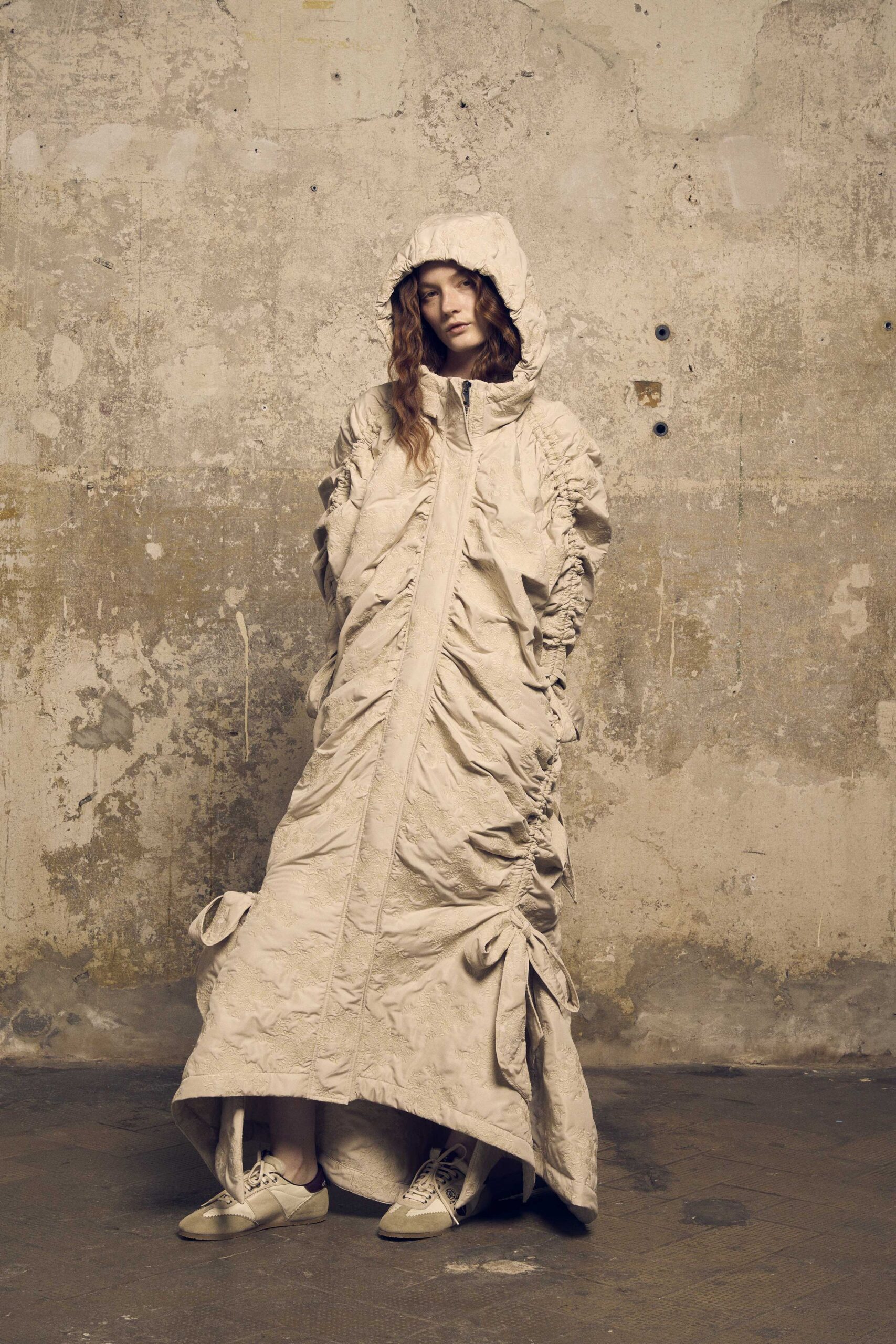 beige cotton long-sleeve hooded oversized zippered ruched coat