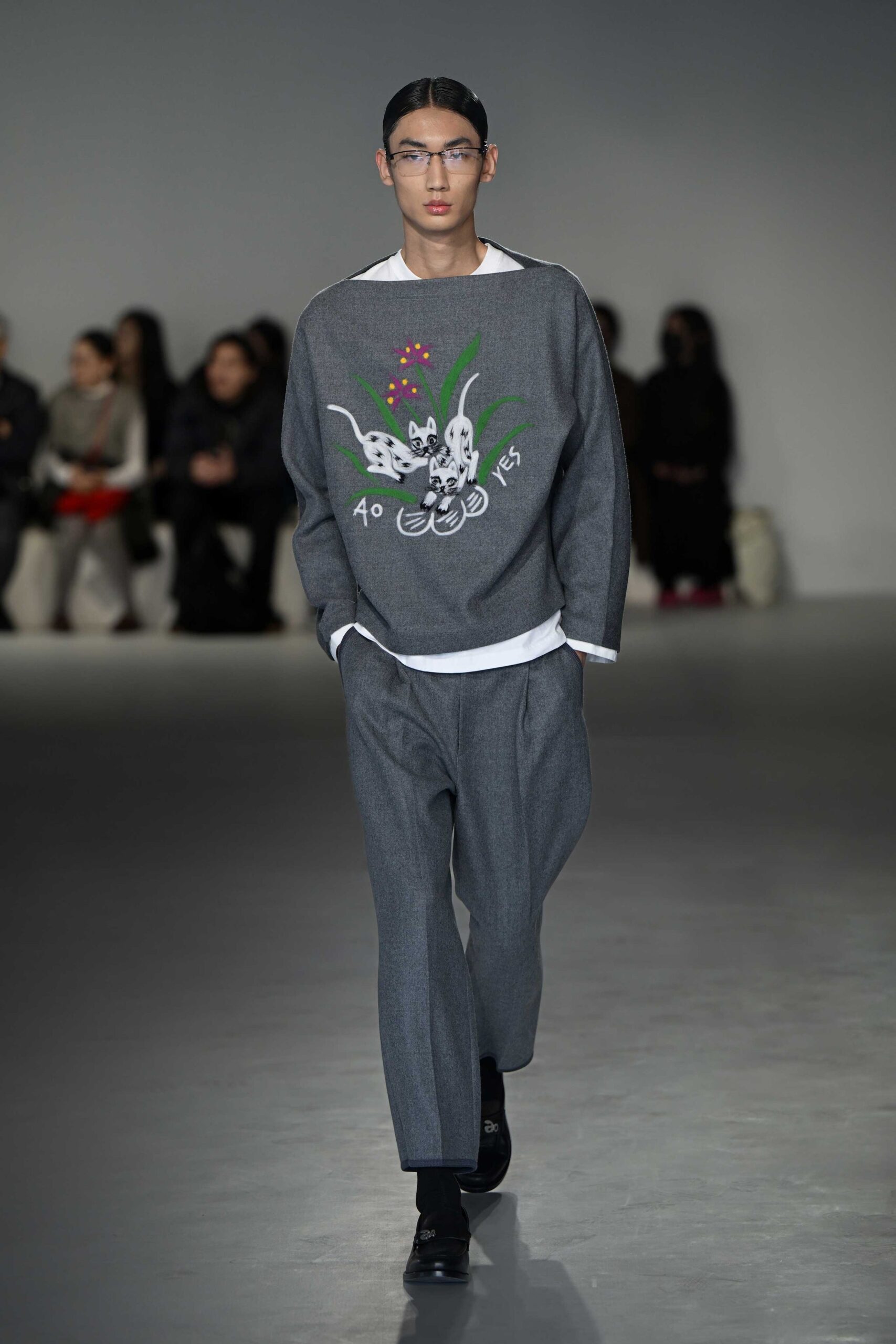 gray wool long-sleeve collared relaxed printed sweater