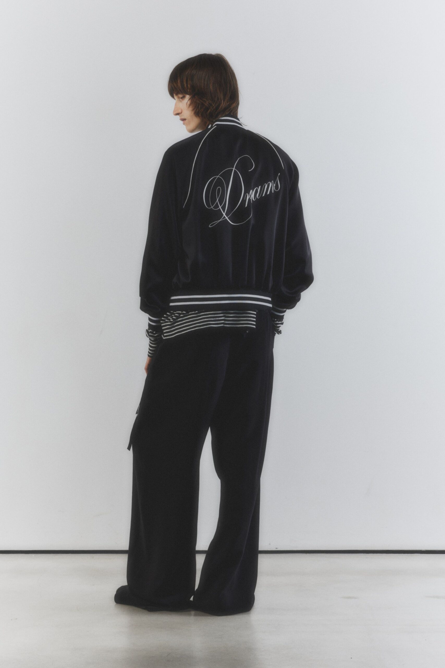black velvet long-sleeve collared oversized striped printed jacket