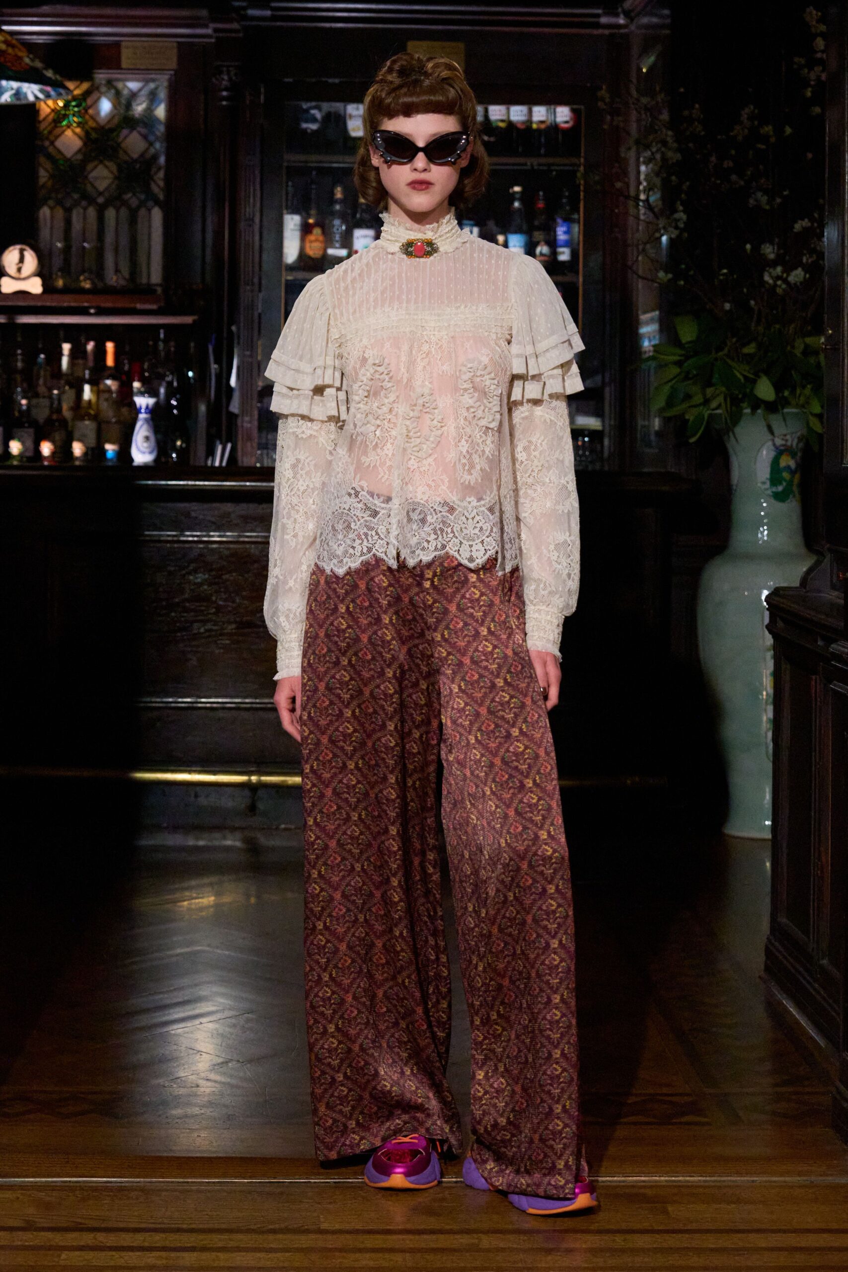 white lace long-sleeve collared fitted pleated embroidered blouse
