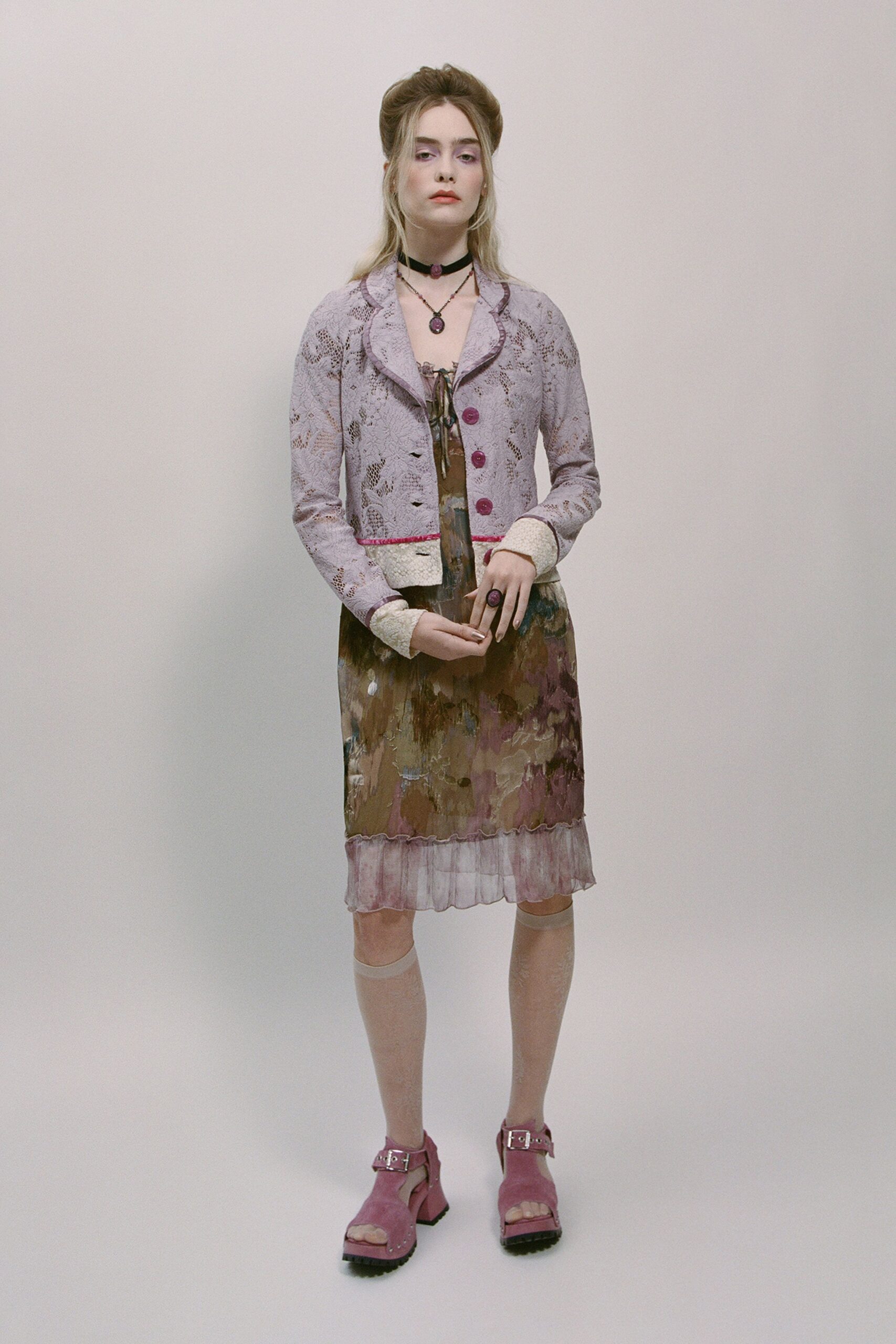 purple lace long-sleeve collared fitted buttoned embroidered jacket