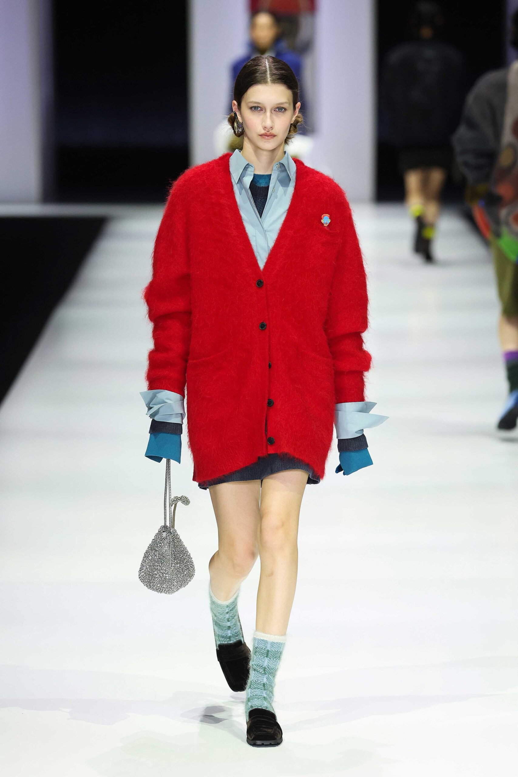 red wool long-sleeve collared relaxed cardigan