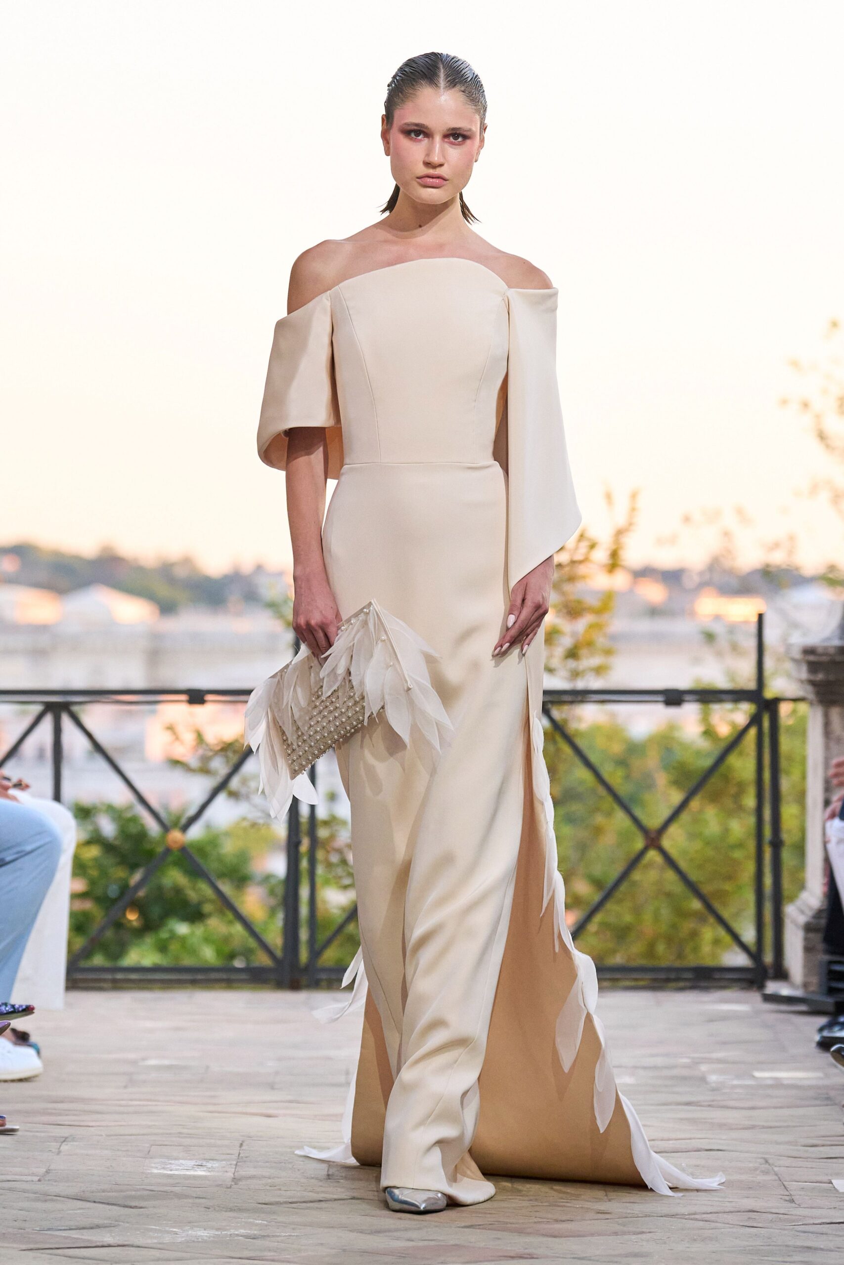 beige silk off-shoulder fitted draped maxi gown