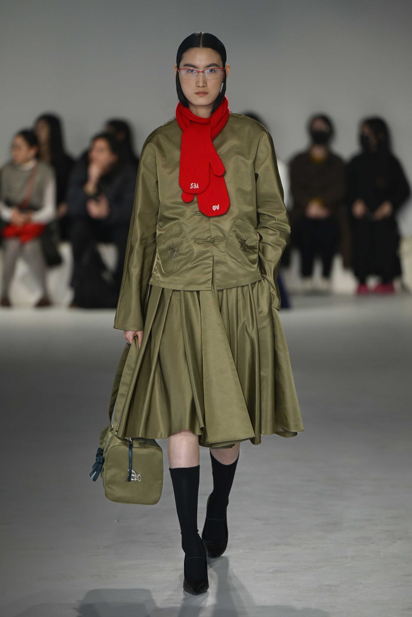 green cotton fitted pleated a-line midi skirt