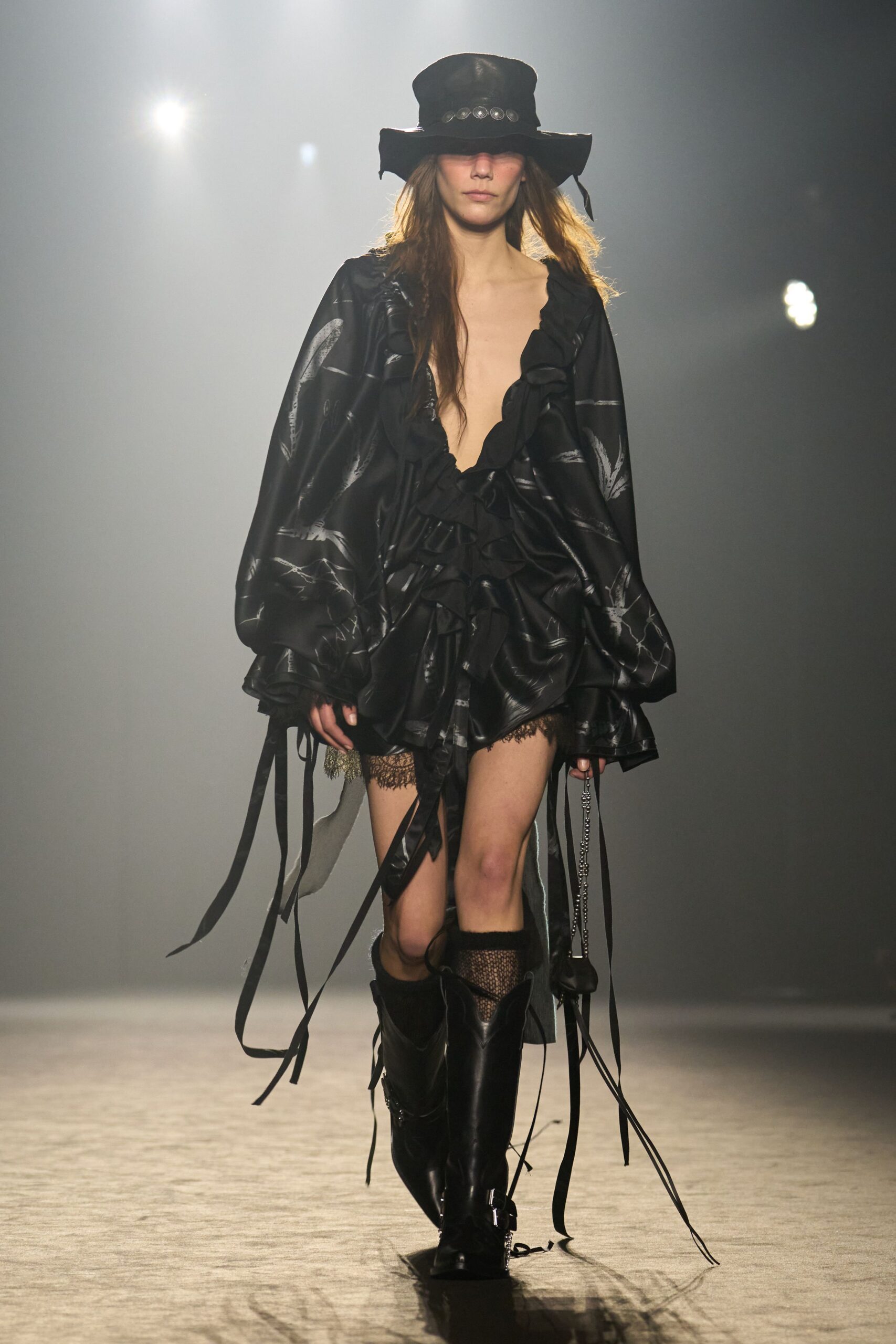 black leather long-sleeve v-neck relaxed ruffled draped dress
