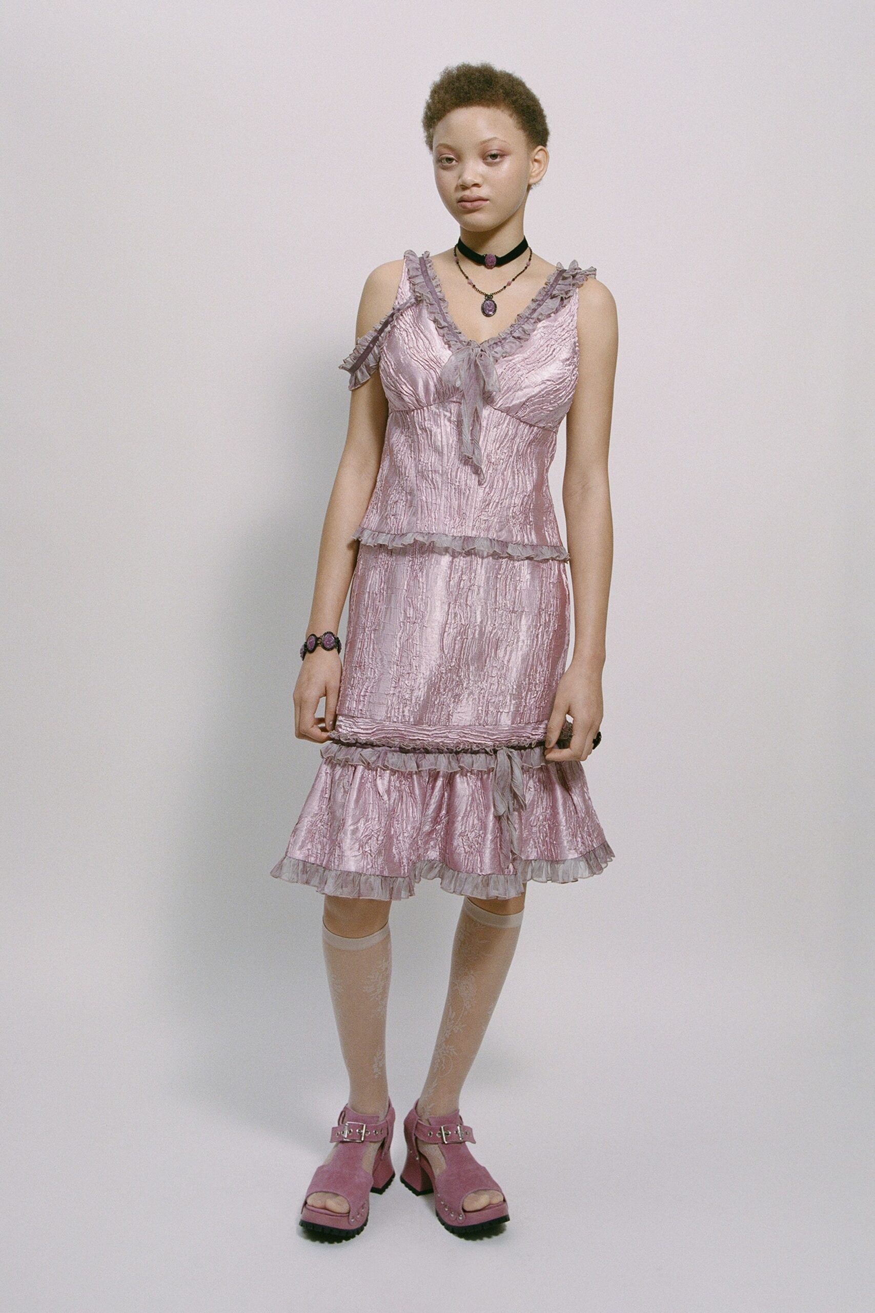 pink silk sleeveless v-neck fitted ruffled layered top