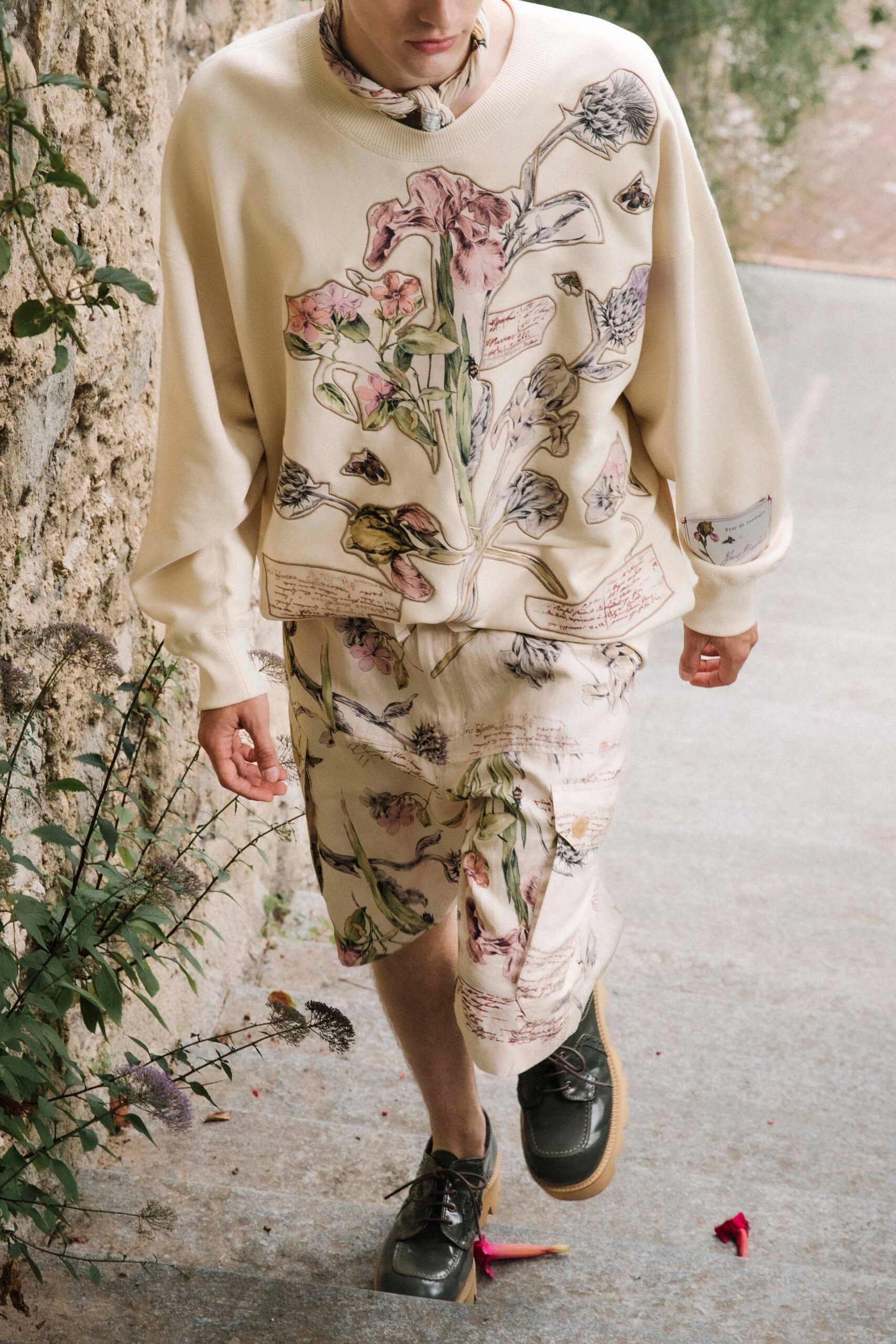 beige printed top and skirt