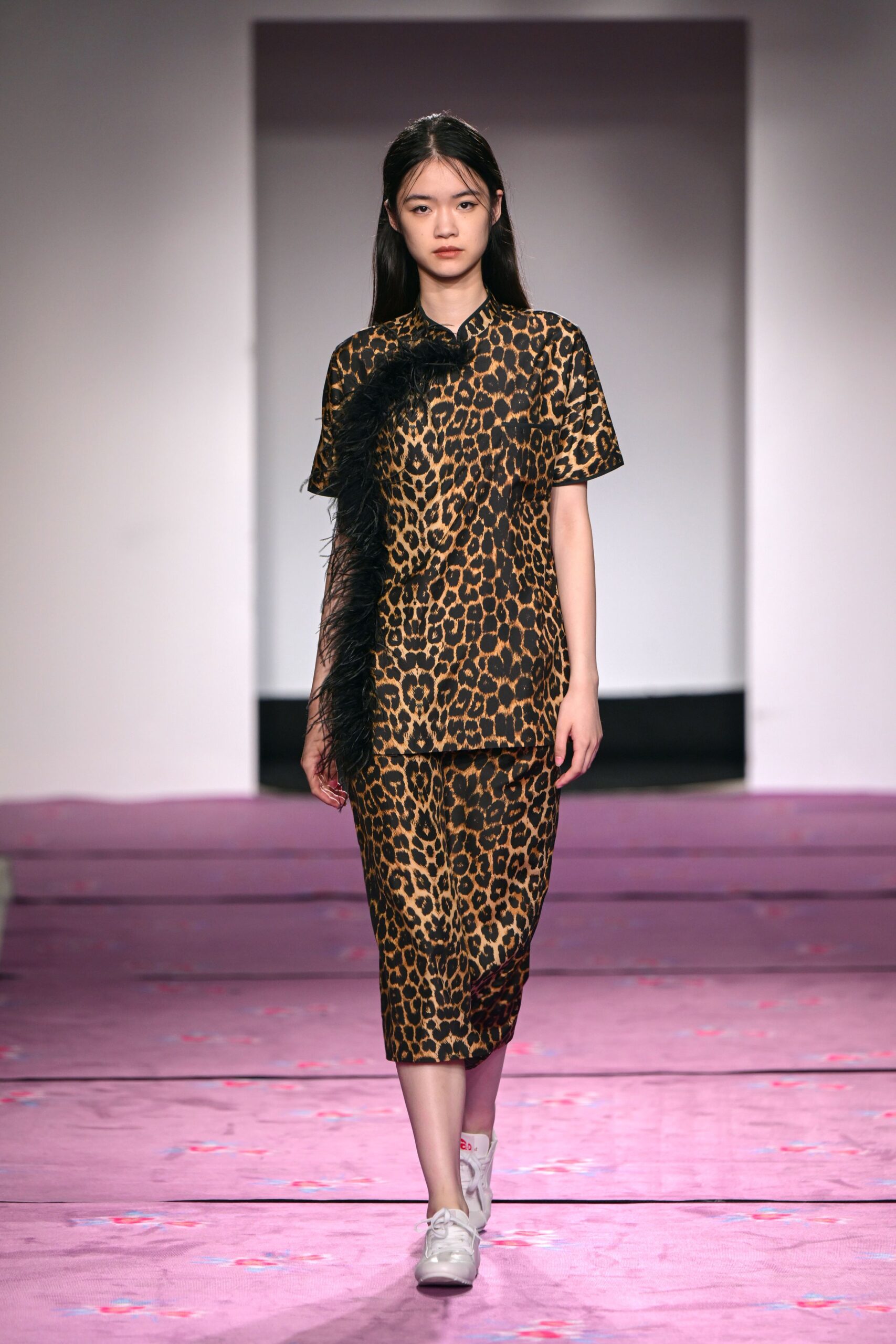 brown black animal-print midi dress with white shoes